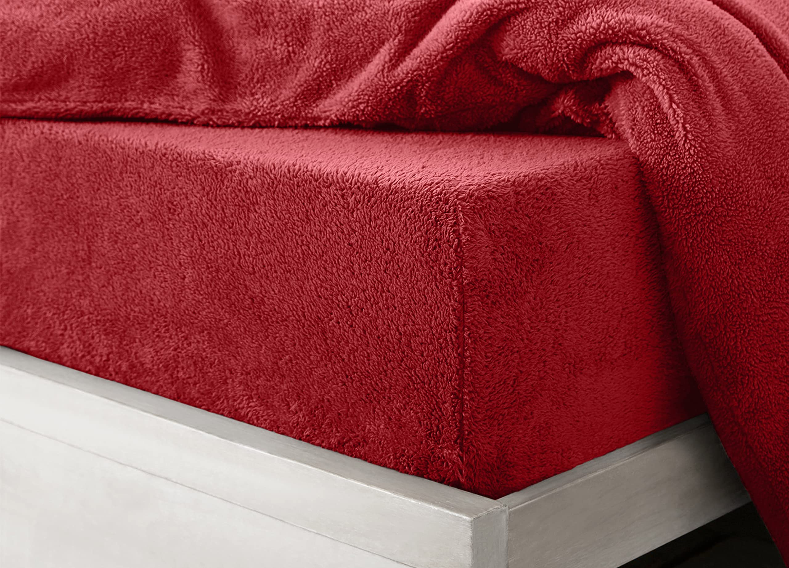 Teddy Cuddle Fleece Fitted Sheets Elasticated upto 30cm Deep Fluffy Warm & Soft Winter Essential Premium No Tear Bed Sheet (Red, Super King)