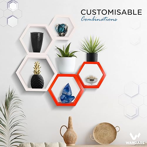Miniatura 3 de Juego de 2 estantes hexagonales de madera de pino para decoración de pared, estantes de panal de abeja de granja para decoración de sala de estar,
