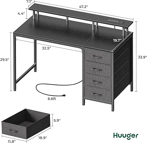 Miniatura 2 de Huuger - Escritorio para computadora de 47 pulgadas con tomacorrientes y luces led, 4 cajones, soporte para monitor, escritorio de estudio para