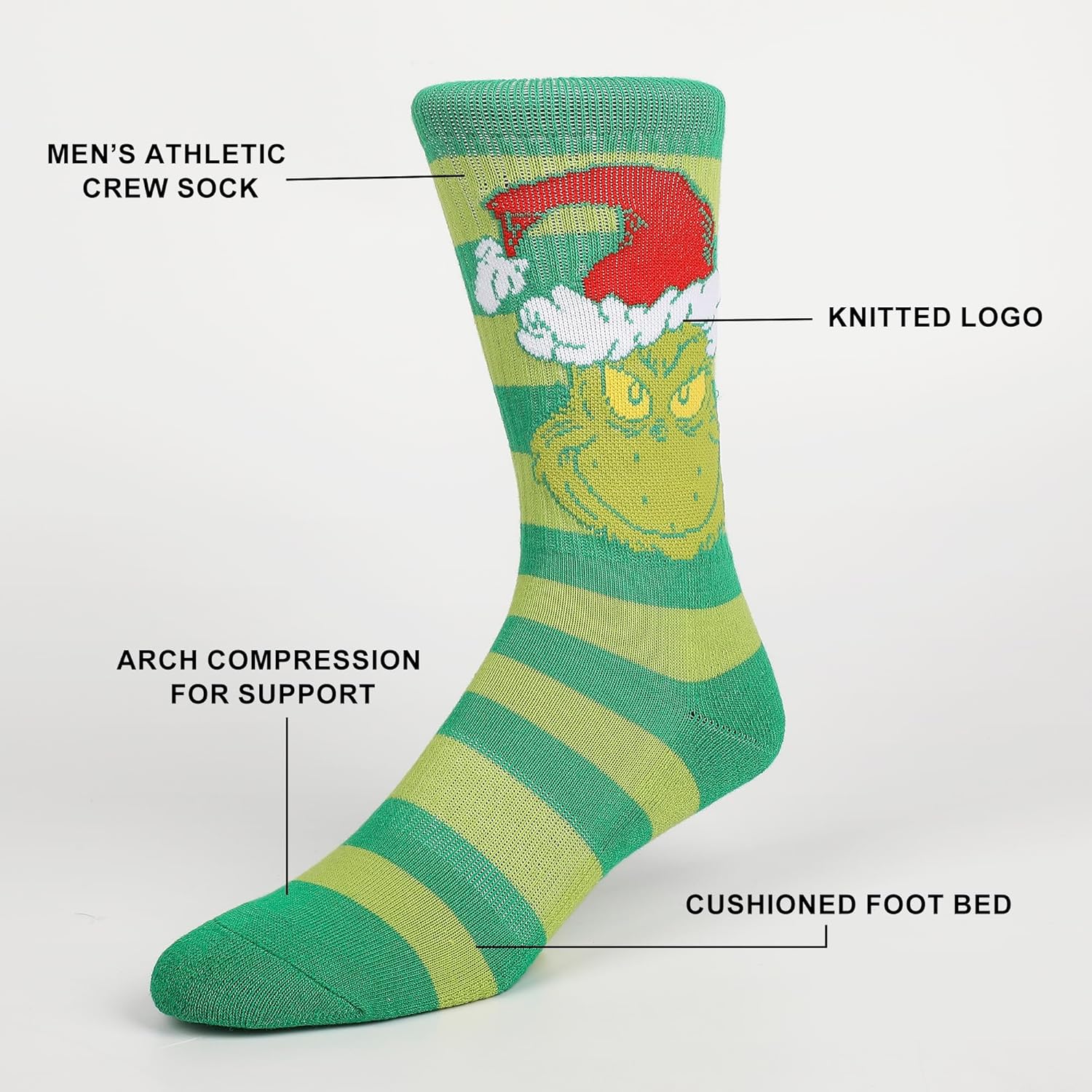 Bioworld The Grinch Grinch Wearing Red Christmas Hat Athletic Crew Socks - Image 2