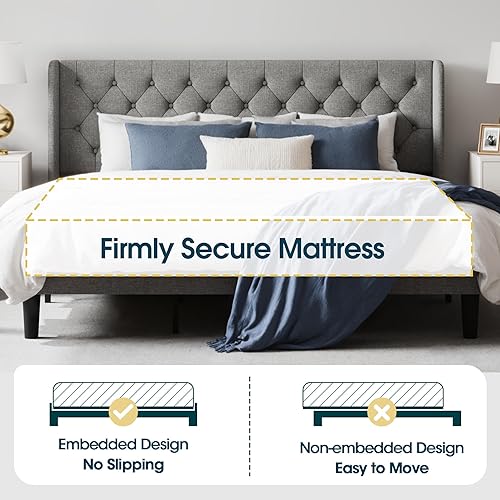 Miniatura 35 de WEEWAY Base de cama tapizada tamaño Queen con cabecera copetuda con respaldo de alas, plataforma moderna con soporte de listones de madera, fácil