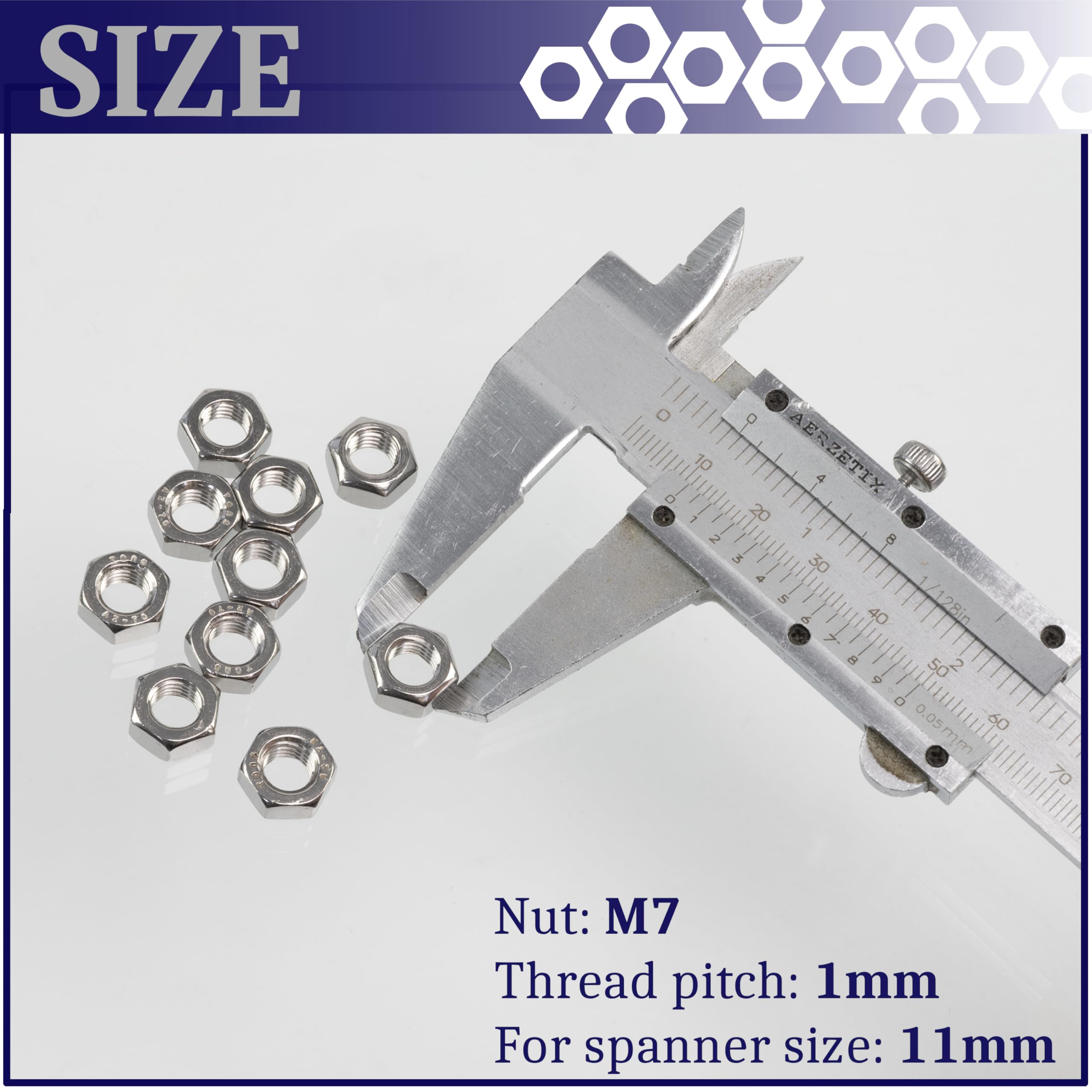 AERZETIX - Set di 10 Dadi esagonali M7x1mm a 6 lati con filettatura metrica - in acciaio inossidabile - colore argento - ideali per progetti fai da te elettronica e meccanica