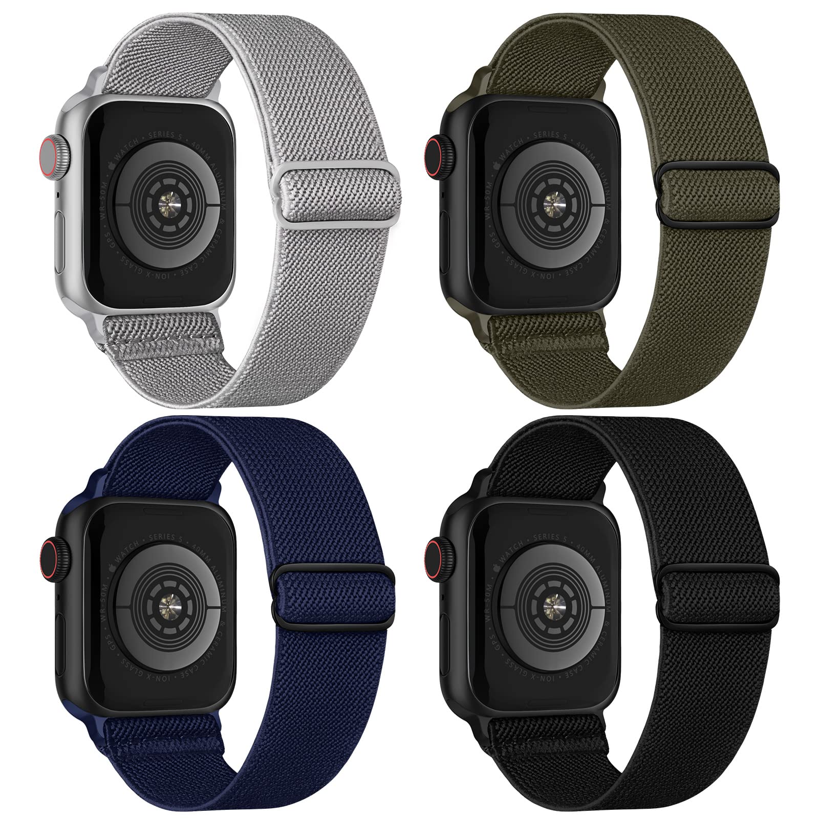 4 Pack Stretchy Nylon Strap Compatible with Apple Watch Straps 38mm 40mm 41mm 42mm(series 11 10), Adjustable Sport Elastic Bands for iWatch Series 11/10/9/8/7/6/5/4/3/2/1/Ultra3/2/1/SE3
