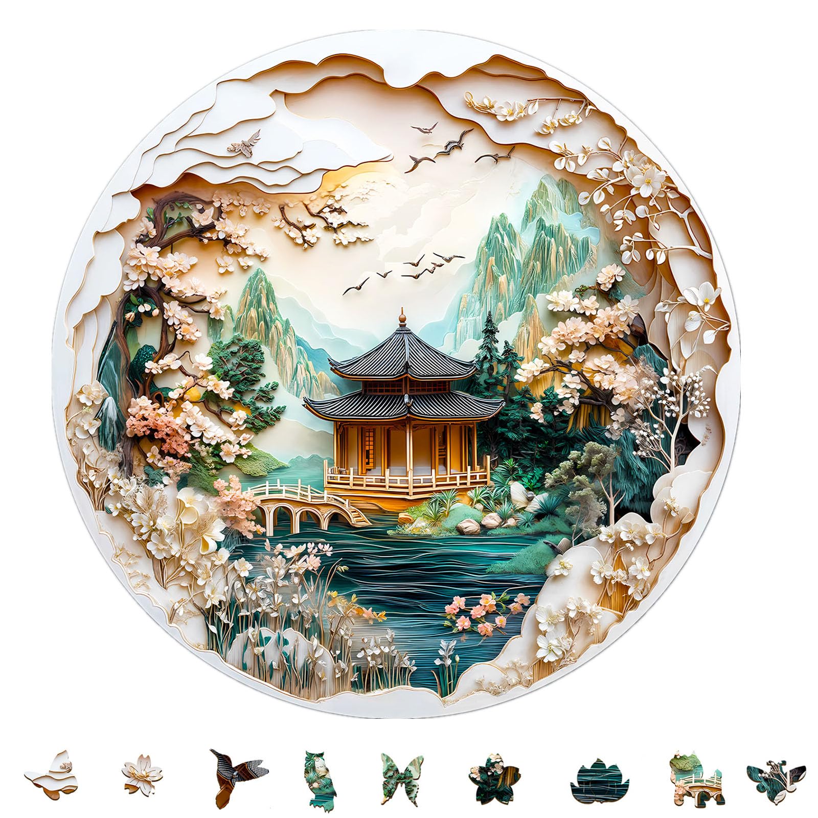 KAAYEE Wooden Puzzles for Adults, 3D Visual Effect Chinese Landscape Painting Wooden Jigsaw Puzzle Unique Shape Wood Puzzle Adult, 3D Effect Flat