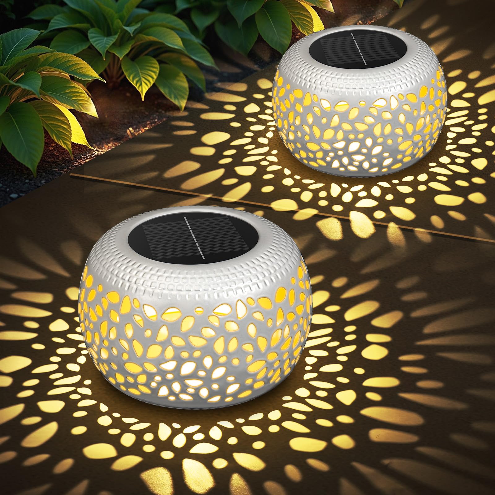 NFEVER Solar Lanterns Outdoor Waterproof: 2 Pack White Hollow Out Metal Solar Lights - 2 Lighting Colors Outside Garden Yard Porch Indoor Tabletop