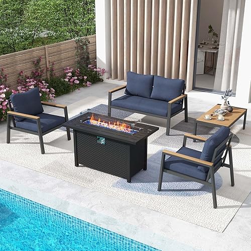 Miniatura 7 de JOIVI Juego de muebles de aluminio para patio al aire libre con mesa para fogatas de 45 pulgadas, juego de conversación de patio de 5 piezas con