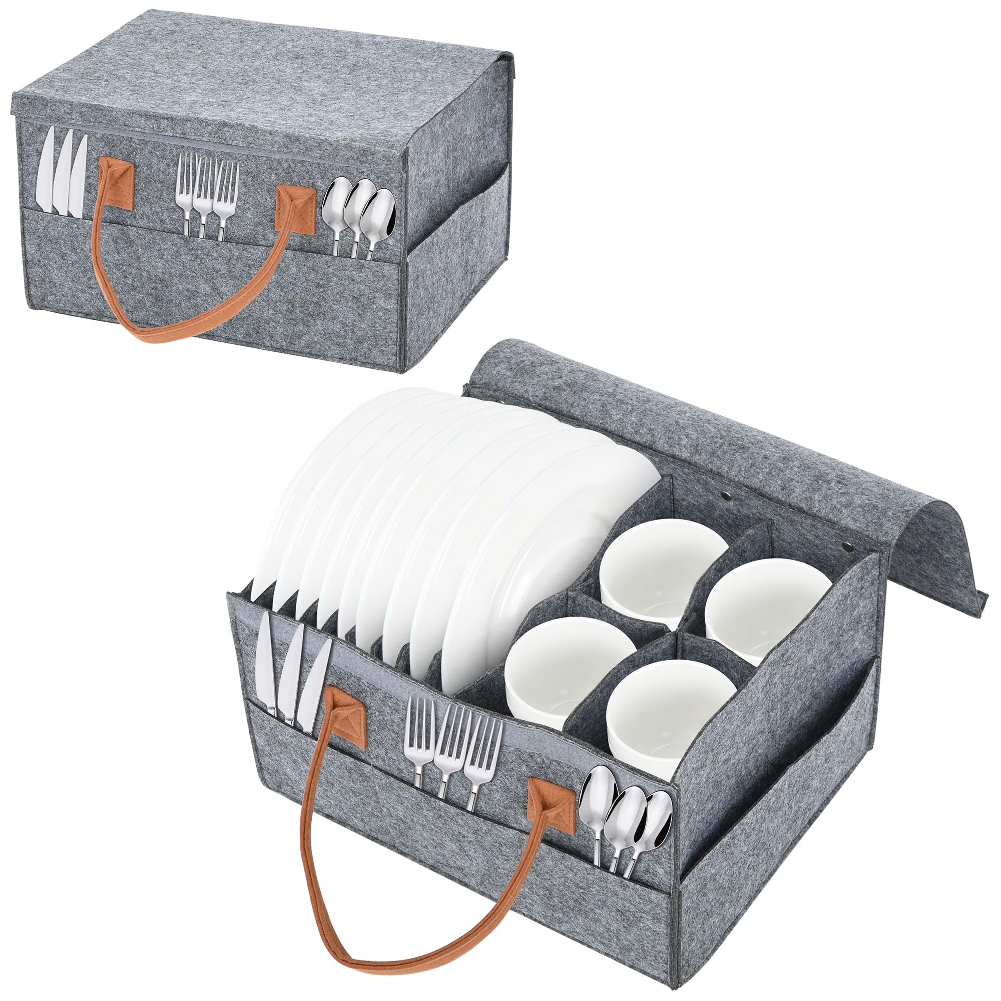 awagas Caravan Plate Holders Felt, Plate Cup Storage Box with Dividers and Side Pockets,Camping Dinnerware Storage Bag with Lid and Handles for Motorhome Caravans Picnics Kitchen Dinners Celebrations