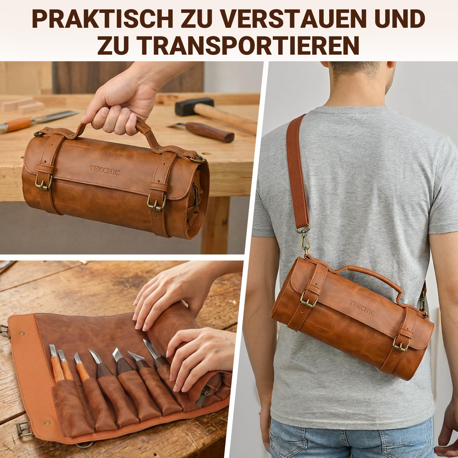 Holzschnitzerei-Set | Holzschnitzwerkzeug-Set | Tekchic 14-teiliges Schnitzmesser-Set mit PU-Lederetui (braun) – für Anfänger, Profis & Holzschnitz-Enthusiasten