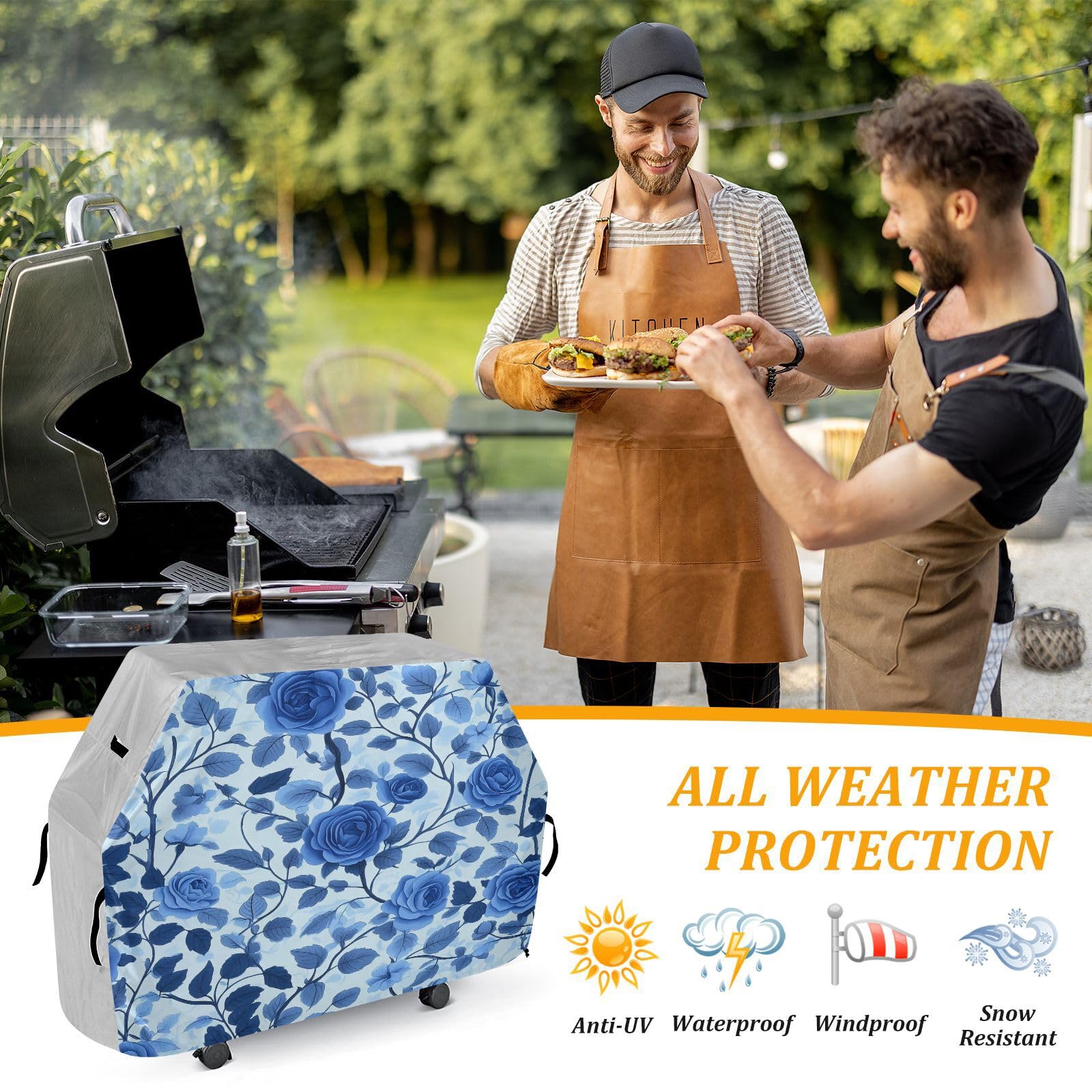 Copertura per barbecue da 165 cm, resistente alla neve, per barbecue all'aperto, con rose blu scuro