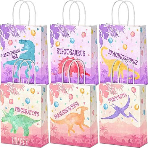 Miniatura 11 de Pajean 24 bolsas de caramelos de dinosaurio con asa, bolsas de papel de recuerdo de fiesta de dinosaurios, regalos para niños, envoltura