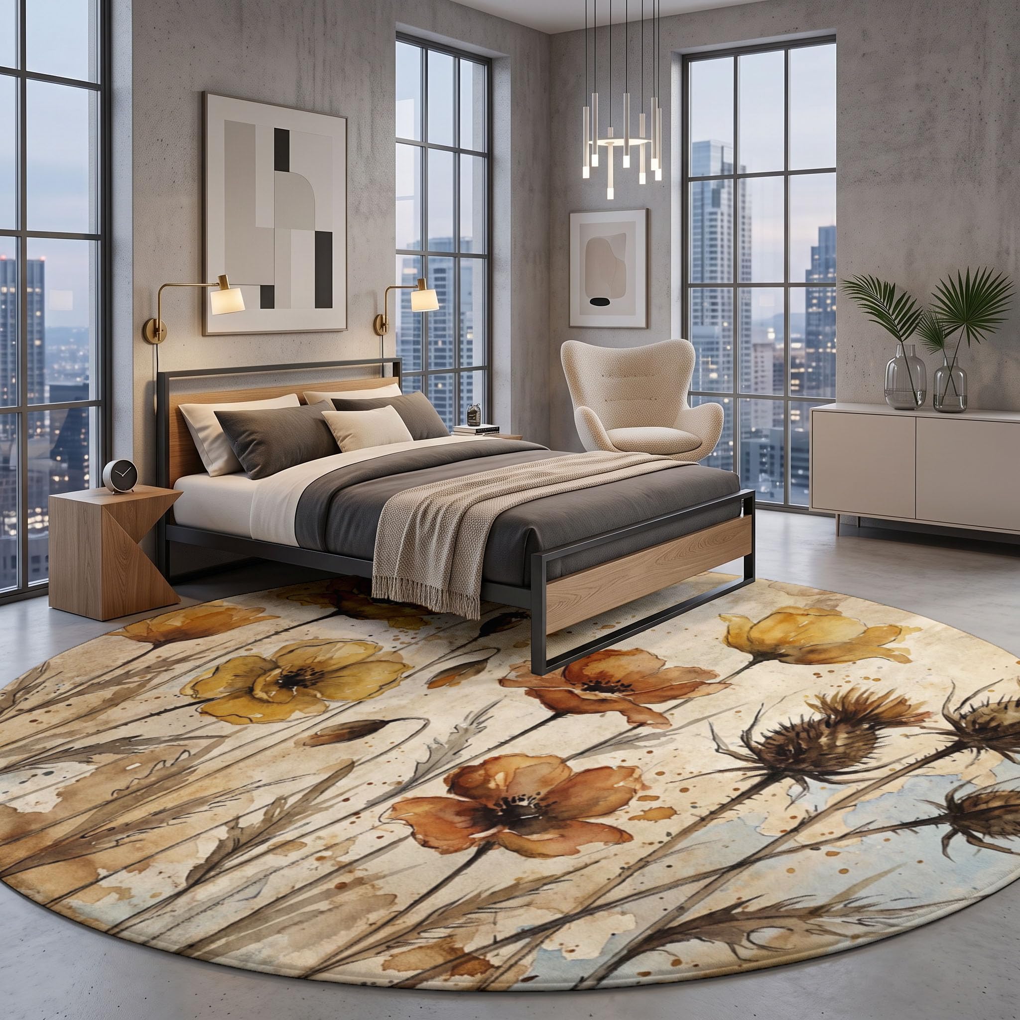 Antike Aquarellpflanzen Teppich Rund Wohnzimmer rutschfest | Vintage-Mohnblüte Distel Waschbar Teppiche, Dunkelbeige Runder Teppich 120 cm Durchmesser Kinderzimmer, Weich Bettvorleger