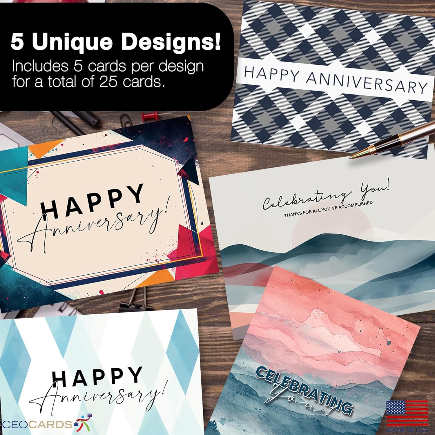 Work Anniversary Cards with Envelopes for Employees (25 Variety Assortment Pack – 5 Designs) Bulk Appreciation Greeting Card Set for Business - 5x7 Inch – Office, Work, Coworkers & Team (VP2413)