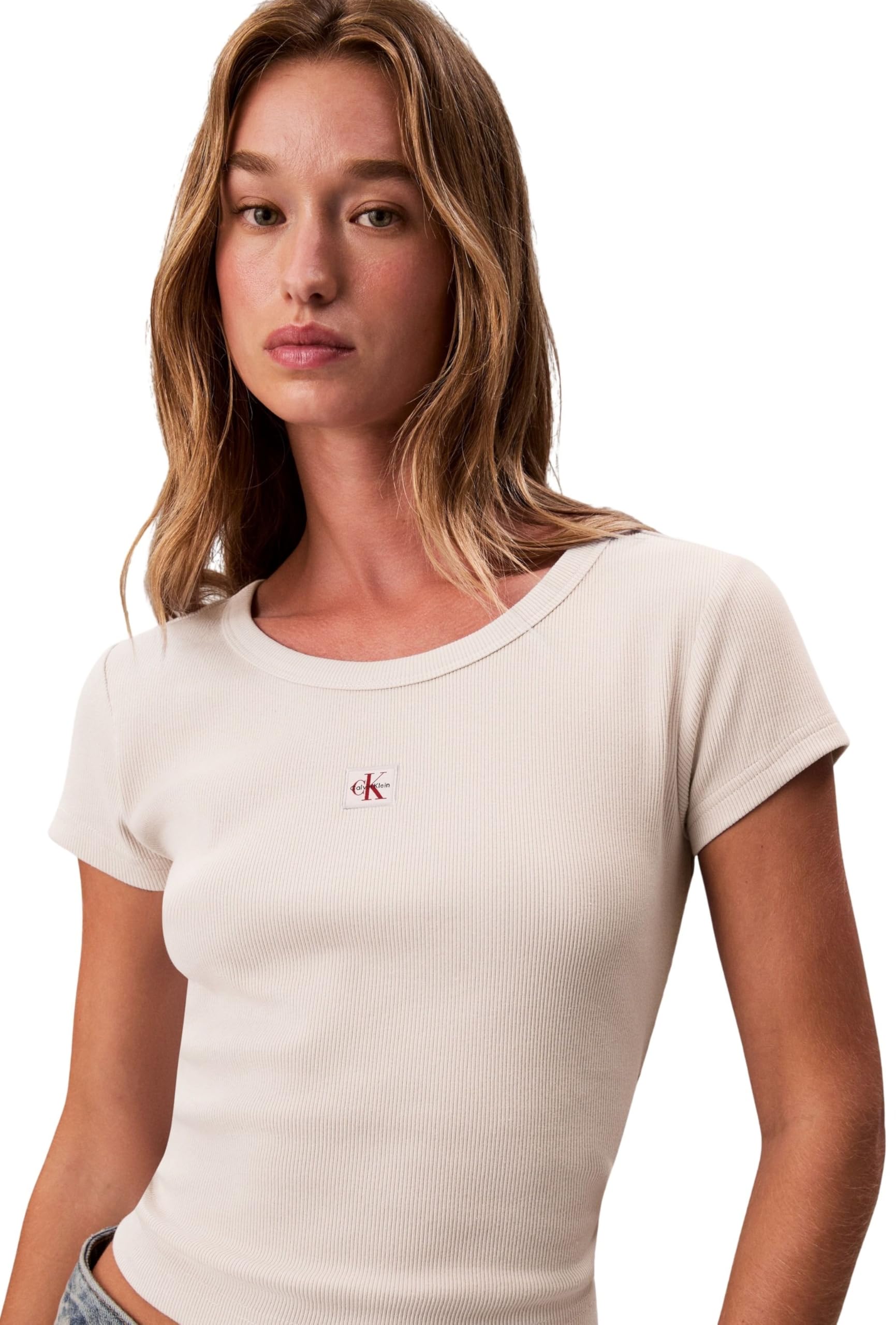 Calvin Klein Camiseta de Manga Corta Mujer Woven Rib Baby tee Cropped
