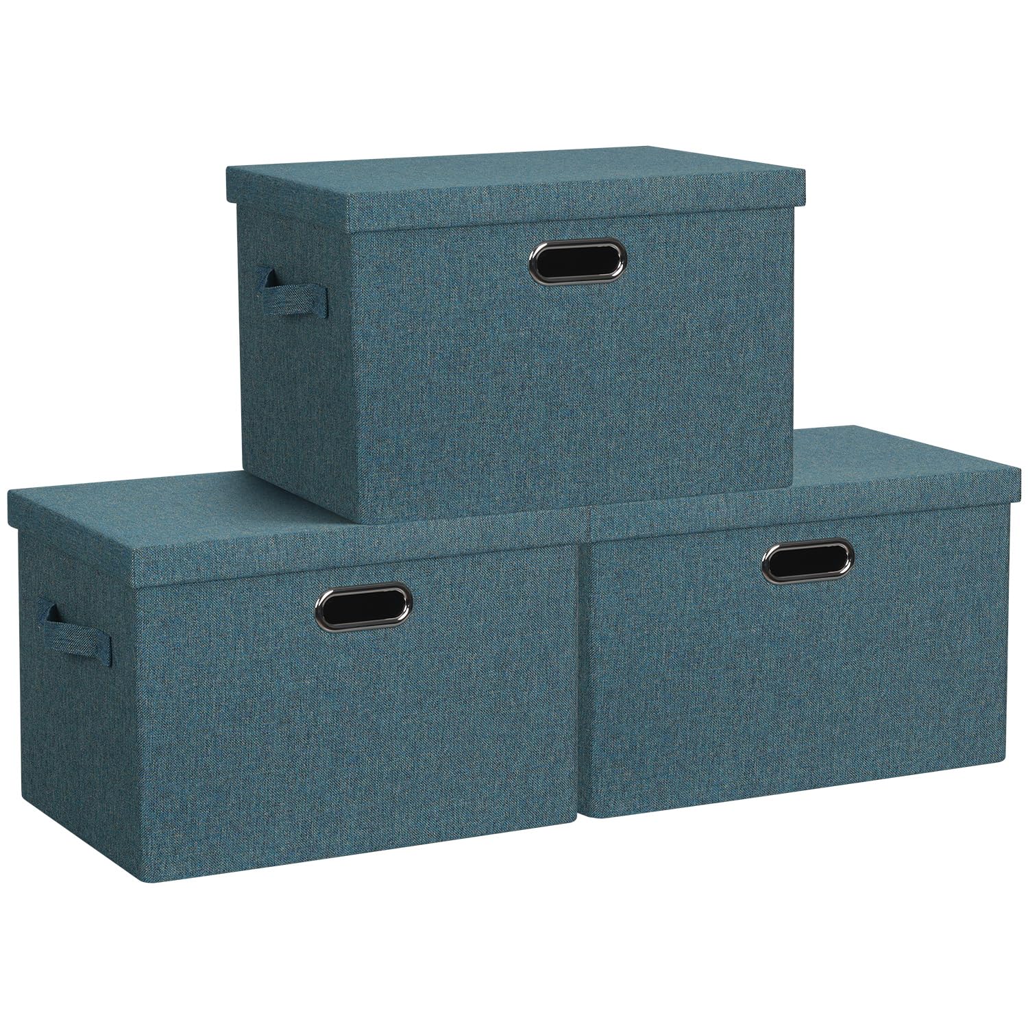 Large 17" 36 Quart Collapsible Stackable Storage Bins with Lids, 3 Packs Blue-Green Linen Fabric Closet Boxes with Lids, Storage Cube Baskets Container Organizers for Bedroom (17x12x11)
