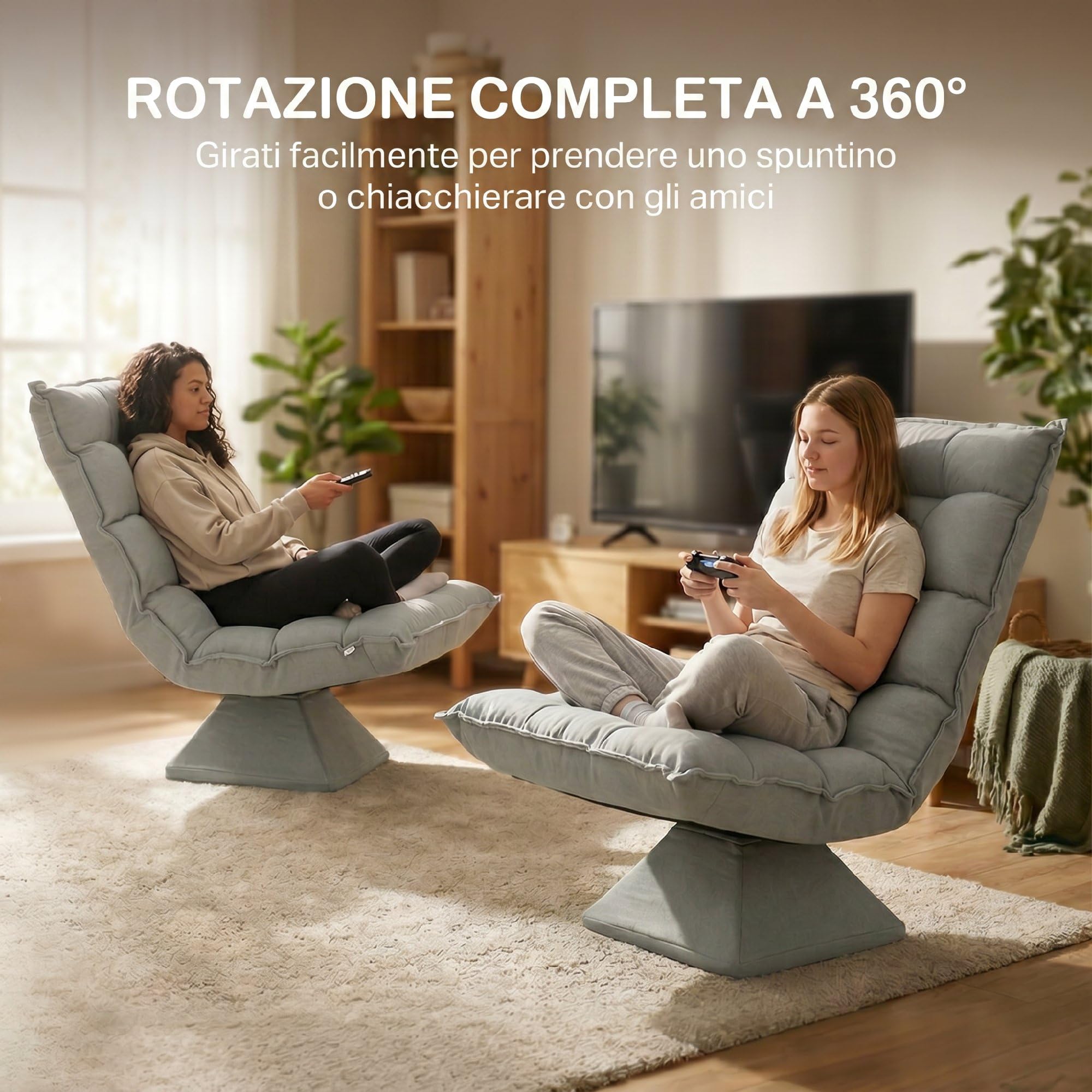 HOMCOM Poltrona Relax Girevole 360° con Schienale Regolabile in 5 Posizioni, Poltrona da Terra con Seduta Ampia Imbottita Spessa in Microfibra Effetto Velluto, per Soggiorno Lettura, Grigio Chiaro