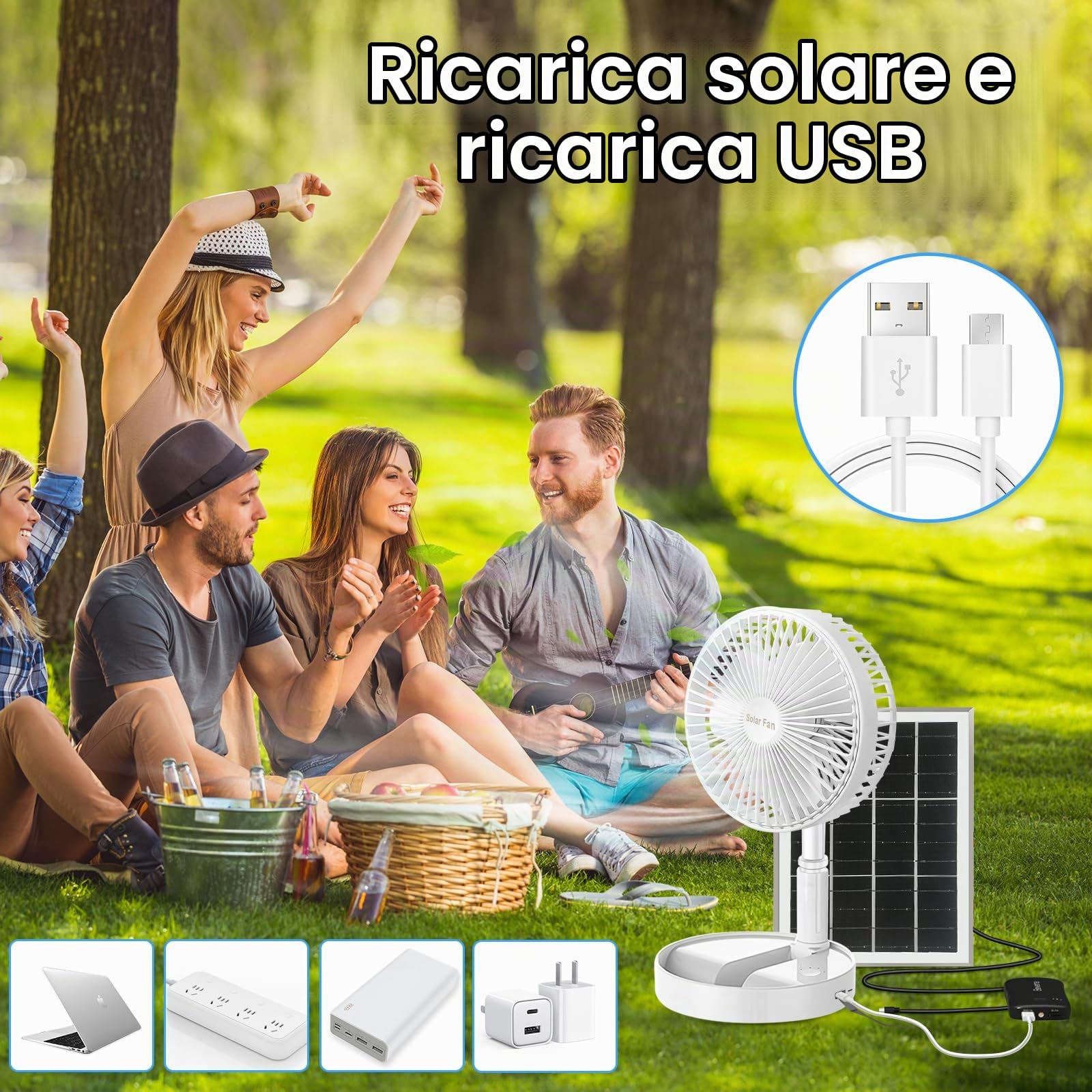 Ventilatore a Piantana Silenzioso Portatile, Ventilatore da Tavolo Alimentata Solare e a Batteria 5200mAh, Ventilatore da Scrivania Altezza Regolabile Pieghevole per Ufficio Casa Campeggio