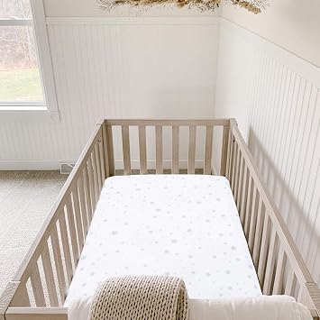 Newton Baby Mini Crib Fitted Sheets (2-Pack) | Organic Muslin Cotton, Breathable & Soft Baby Sheets, Washable Baby Mattress Sheets, Fits Any Mini Sized Crib 24 x 38, Moonstone Mist Stardust + White