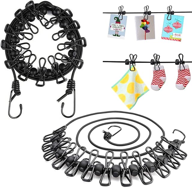 VENGABY 2 Pack Retractable Portable Washing Line, Elastic Clothesline Travel Camping Washing Line Rope with Pegs, for Indoor Laundry Drying Line, Outdoor Camping Accessories, 12 Wire Clips