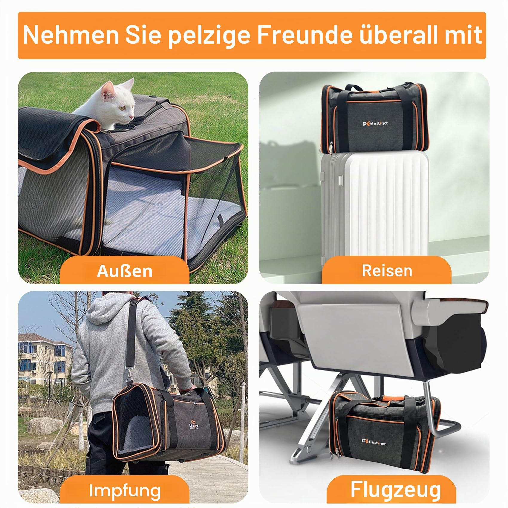 45x28x28 cm Transporttasche für Katzen und Hunde bis 6kg, Faltbare und Erweiterbare Katzentransportbox, Katzentragetasche mit Verstellbarem Schultergurt, Abnehmbarer Wollmatte