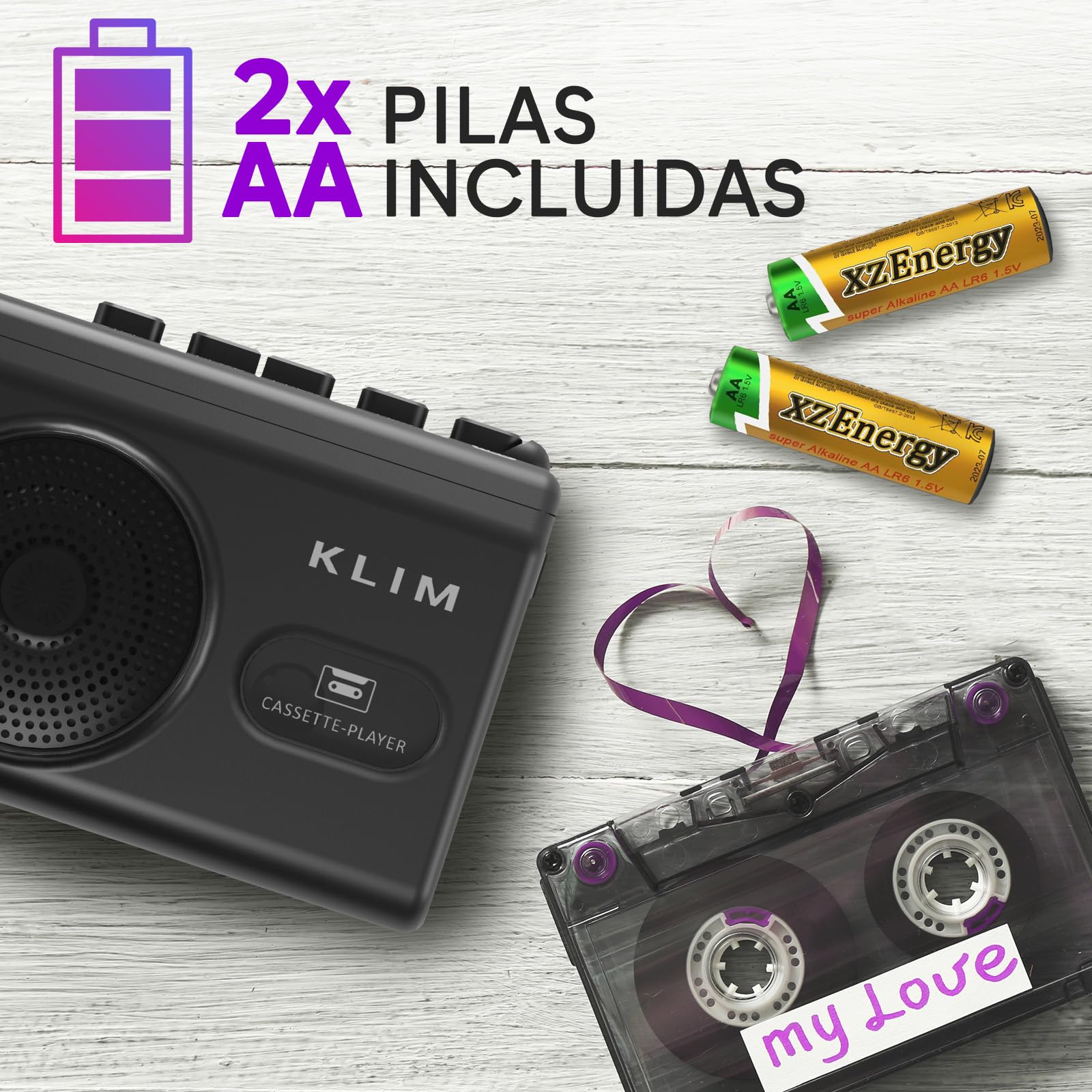 Reproductor Cassette y Grabadora Cassette KLIM K9 – Portátil con Altavoz Integrado, Micrófono, Entrada para Auriculares, Funciona con Pilas AA (Incluidas) o Adaptador AC, Auriculares Incluidos
