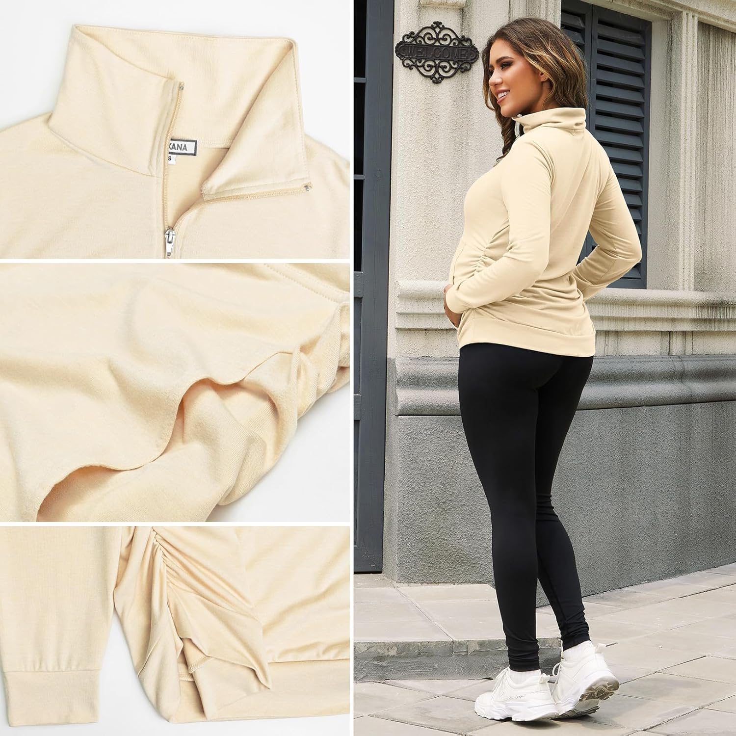 GINKANA Maternity Women's Long Sleeve Shirt Half Zipper Lapel Lightweight Casual Maternity Pullover with Pockets - Image 6