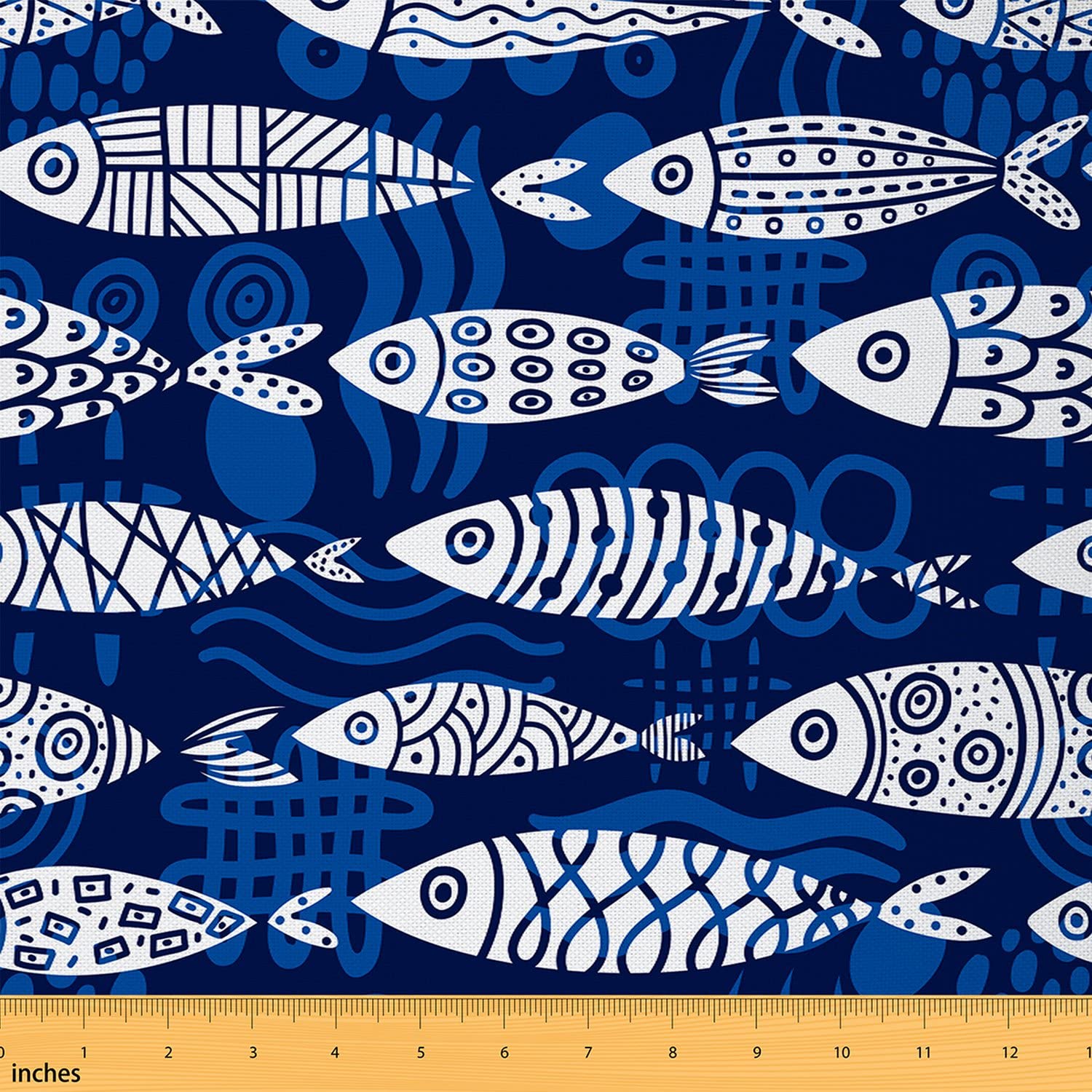 Geometric Fish Decorative Fabric by The Yard Bohemian Pattern Fishes Japanese Style Indoor Outdoor Upholstery Fabric Blue Graffiti Lines Fabric for Quilting Sewing Arts DIY Craft,2 Yards