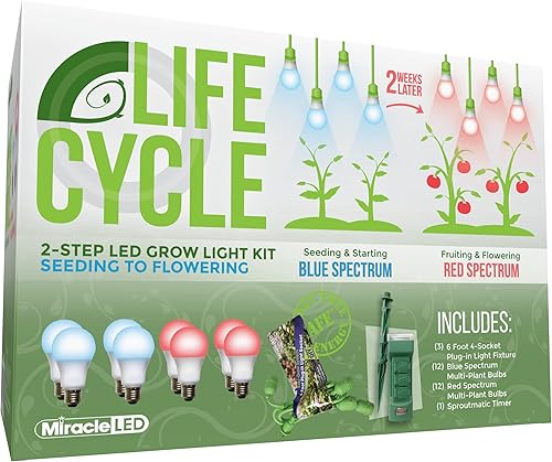 Miracle LED Plant Life Cycle - Kit de luces de cultivo sincronizadas con 4 focos de espectro azul y 4 bombillas de espectro rojo para múltiples