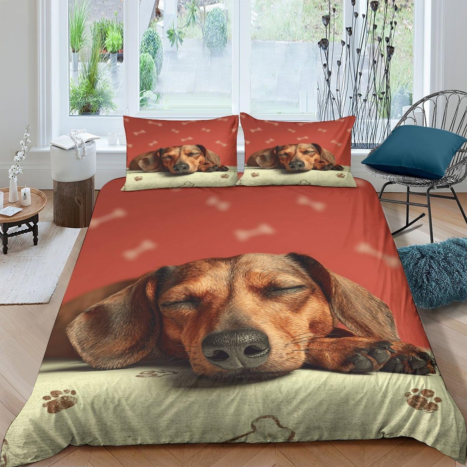 GPLZQXKJNH 3D Printed Sleeping Dog Duvet Cover Microfiber Soft Breathable Brown Puppy Quilt Cover Set with 2 Pillowcases for Bedroom Decor Single（135x200cm）