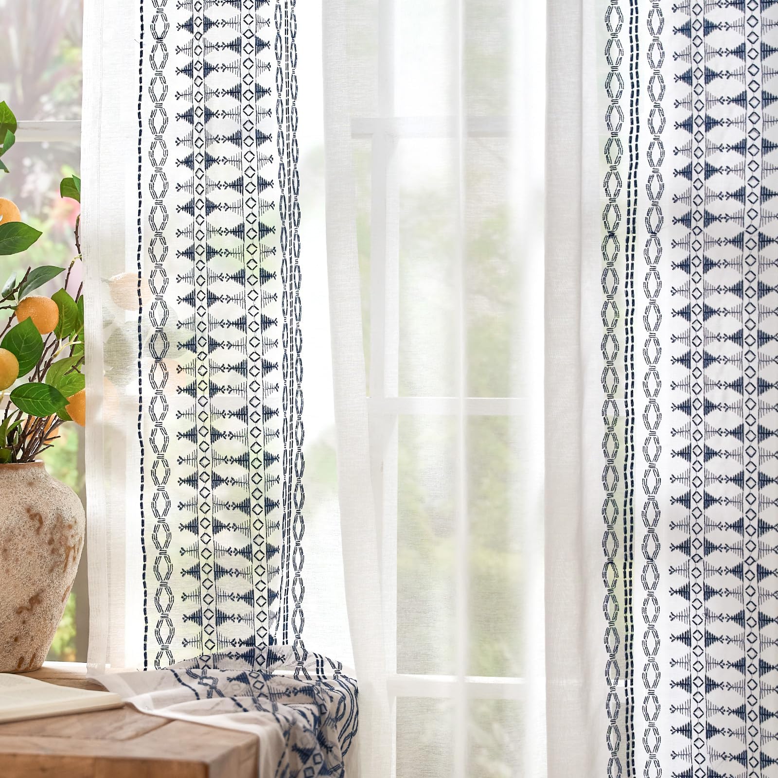 jinchan Sheer Curtains for Living Room Bedroom Boho Blue Curtains Embroidered Bordered Farmhouse Bohemian Voile Drapes 63 Inches Long Rod Pocket 2 Panels Blue on White