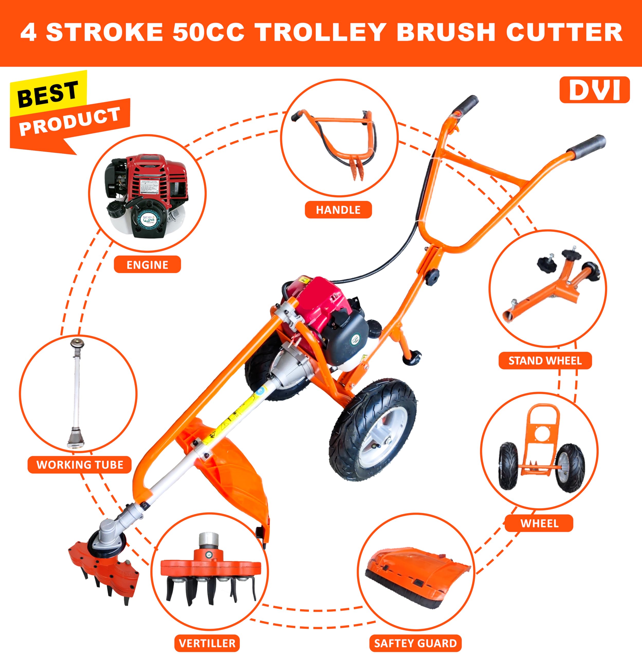 DVI 50CC 4 Stroke Trolley Brush Cutter| with Weeder Attachment | for Grass Trimming & Weeding/Cultivating/Tilling Come with 80T, 3T, 2T Blade & TAP N Go with Vertiller Attachment. - Image 2 thumbnail