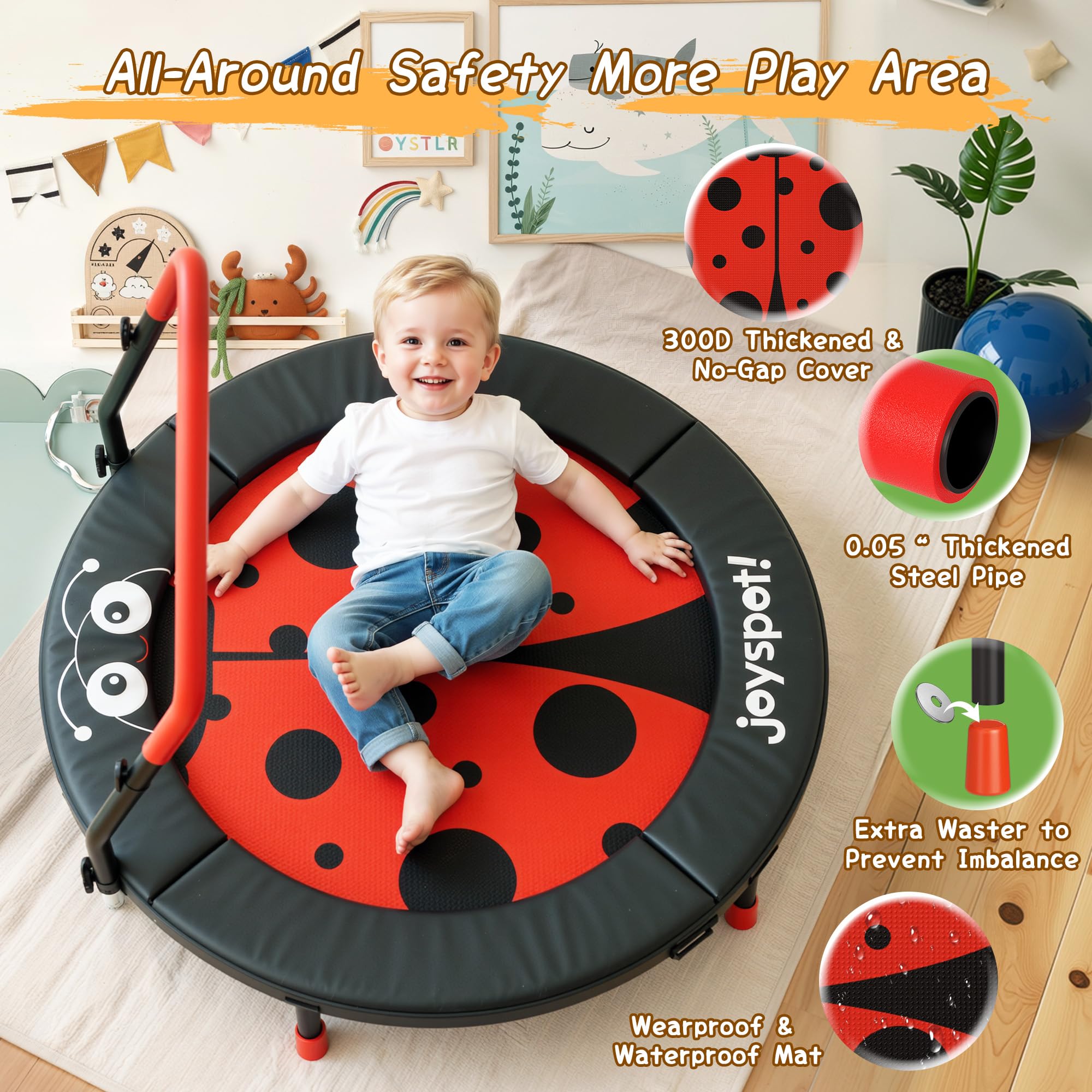 JOY SPOT! Trampolin Kinder Indoor Outdoor, Ø91cm Mini Trampolin mit Verstellbarer Haltegriff, Faltbares Kindertrampolin bis 45 kg, Fitness Rebounder mit Sicherheitspolster für Kleinkind 3-12