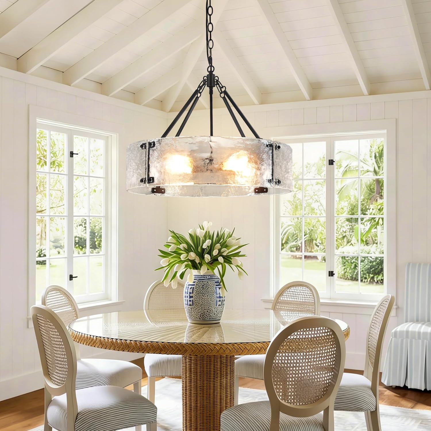 Water Textured Glass Drum Chandelier,22" Round Modern Chandeliers for Dining Room Light Fixture Luxury Hanging Farmhouse Black Glass Pendant Light for Entryway Foyer Living Room Kitchen