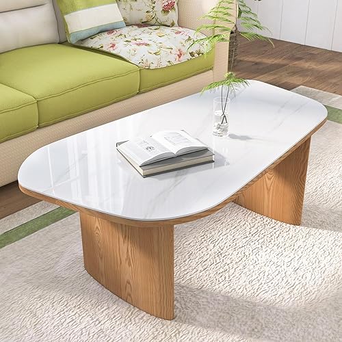 Miniatura 9 de Mesa de centro moderna de cristal, mesa de centro para sala de estar, tapa de vidrio templado con base de madera resistente, mesas de centro Mármol