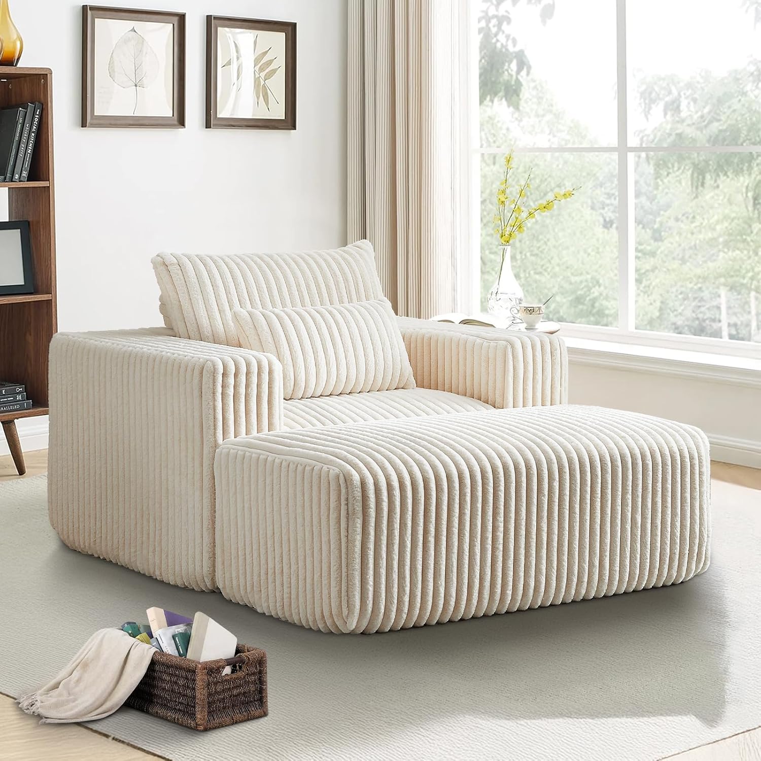 Chaise Lounge Chair Indoor,48.5"W Oversized Chair with Ottoman,Upholstered Corduroy Sofa,Comfy Lounge Couch,Modern Deep Seat Sofa,Cozy Leisure Sleeper Armchair Sofa Bed for Living Room,Bedroom(Beige)