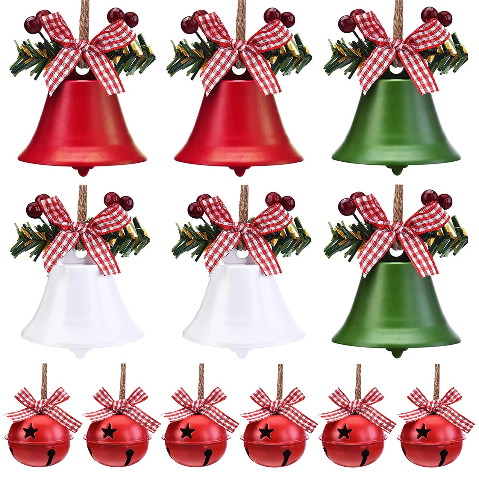 JTgugu 12 campanas de hierro para colgar para Navidad, adornos de Navidad, campanas de Navidad, campanas de Navidad, adornos para árbol de Navidad, decoración navideña para colgar (rojo, blanco y