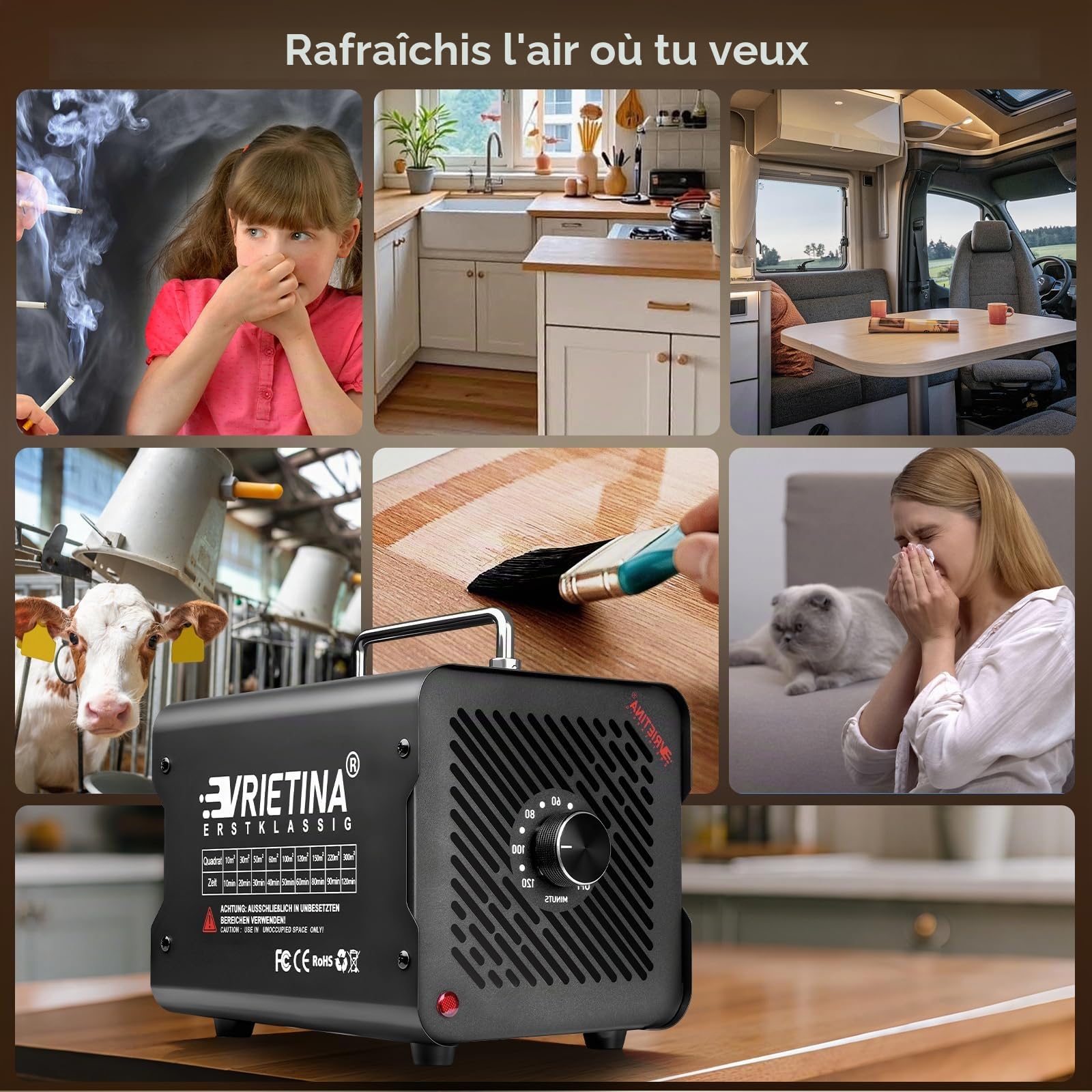 Générateur d'Ozone Domestique 65000 mg/h, 35db 150w Machine à Ozone pour Purification de l'Air et Élimination des Odeurs Dispositif d'Ozone Portable O3 pour Bureau, Salle de Bain, Maison, Voiture