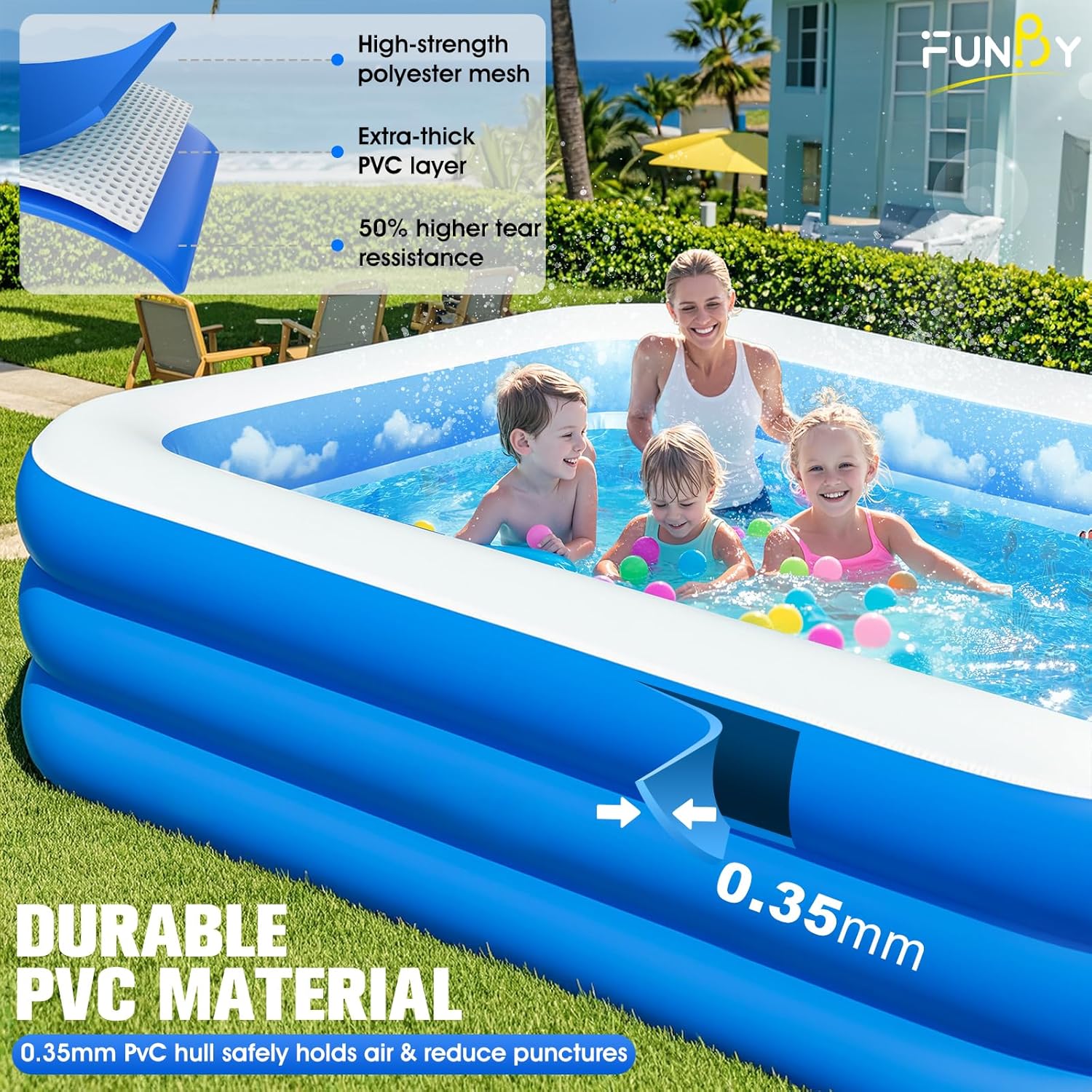 Color Blue Inflatable Pool with Canopy,Upgraded Inflatable Swimming Pool for Kids,Adult,Large Inflatable Blow up Pools,Ocean Theme Oversized Thickened Inflatable Family Pools for Backyard-Blue