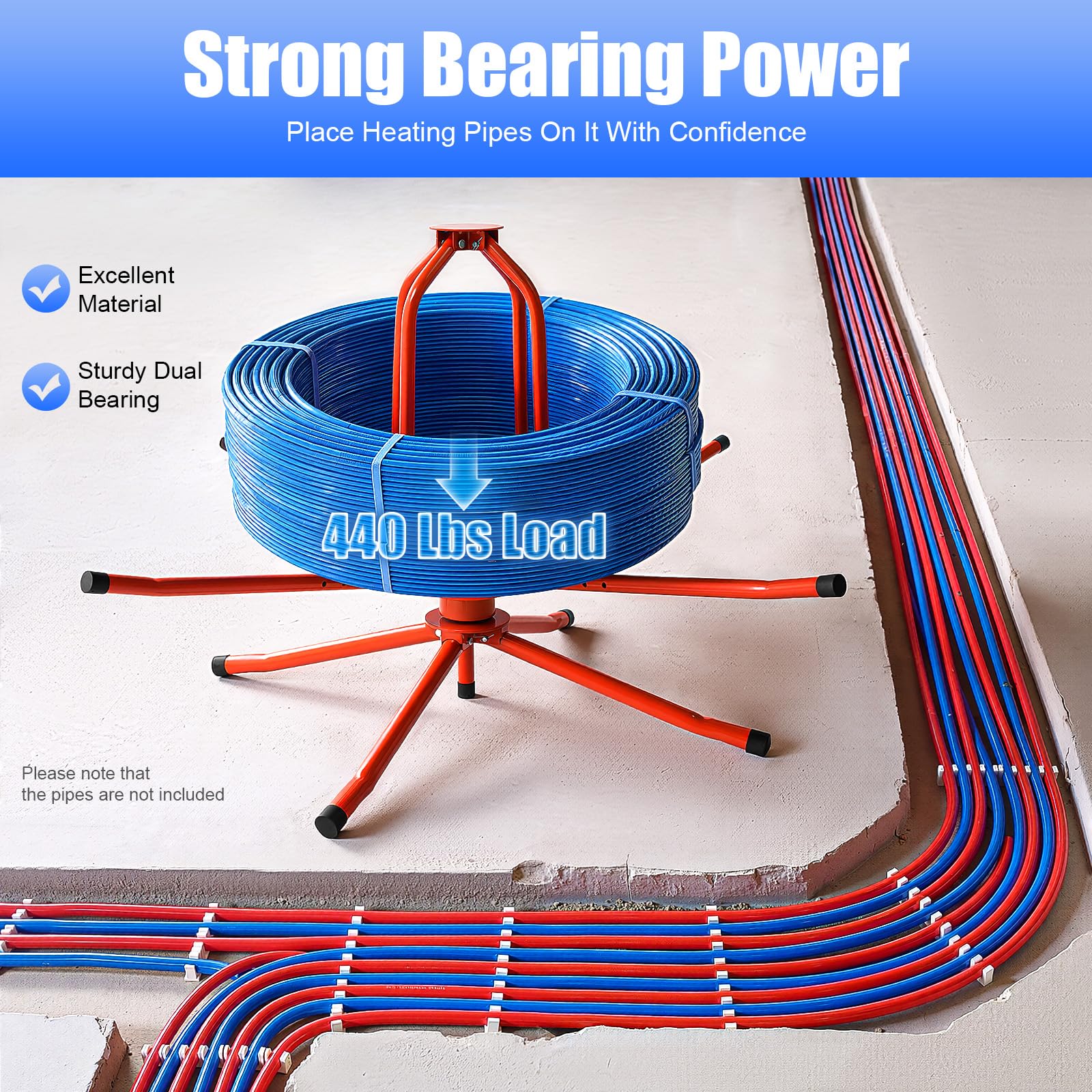Bobinador de tubo calefactor para calefacción por suelo radiante, capacidad de carga de 440 libras, diseño de doble rodamiento, ajustable de 12,6 pulgadas y 19,69 pulgadas, plegable y bolsa portátil