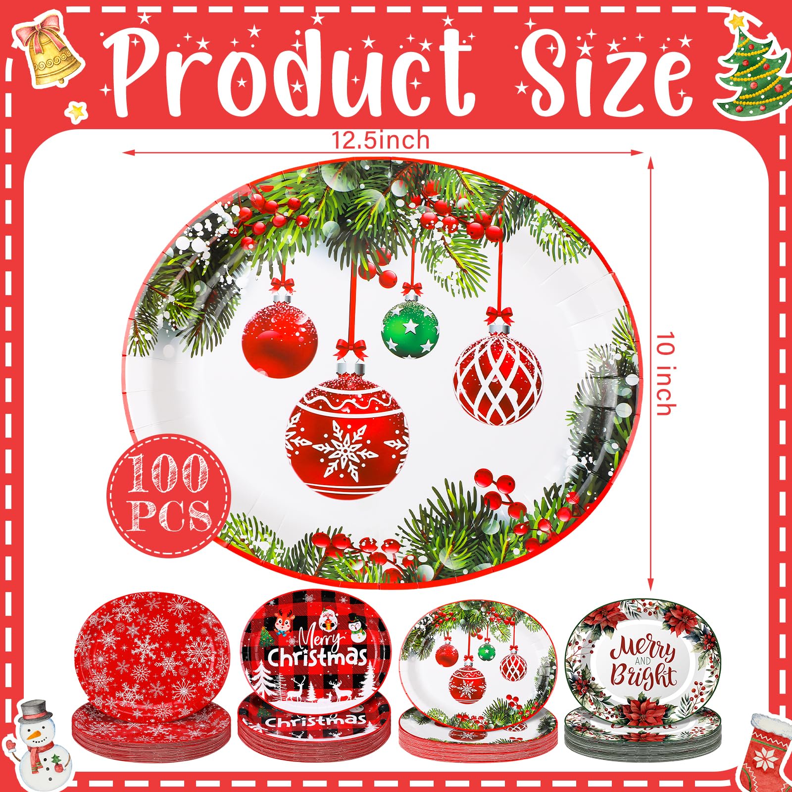 Lemosae 100 Count Christmas Oval Paper Plates Platter Bulk 10