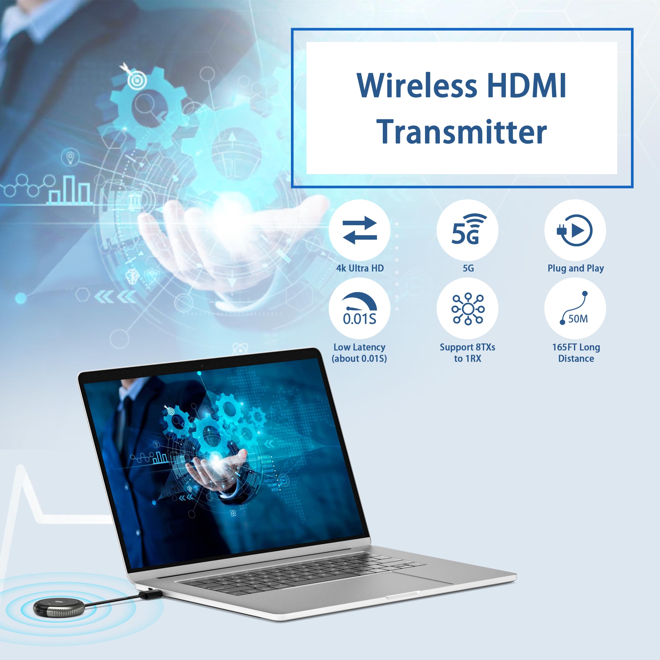 HDMI sans Fil 4k, Émetteur et Récepteur sans Fil HDMI 5.8G, 165FT/50M Wireless HDMI Extendeur Pas de Retard Streaming Vidéo et Audio pour TV Box/Laptop/Caméra vers TV/Projecteur/Monitor