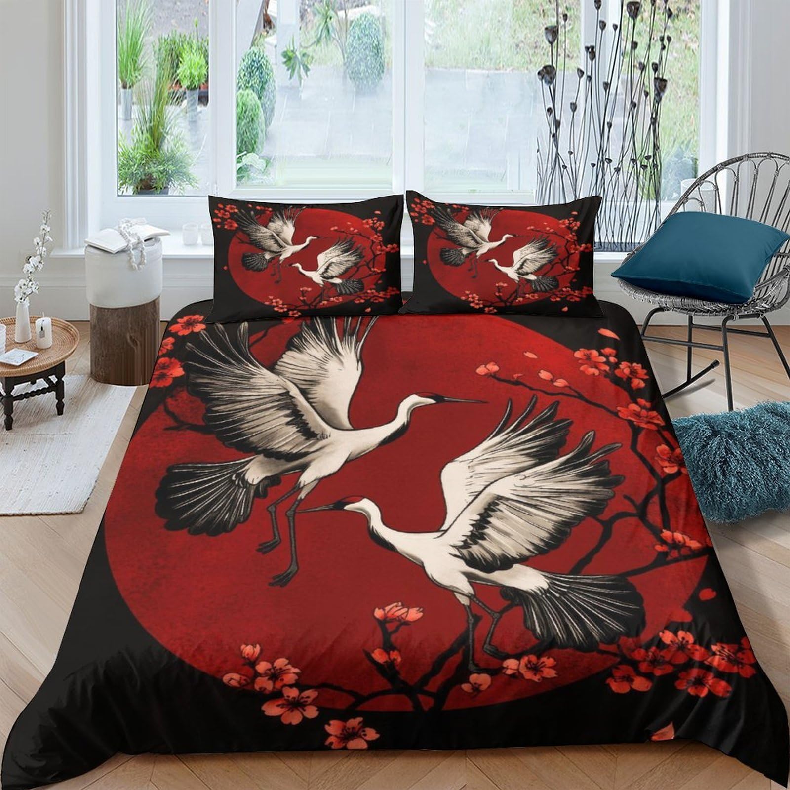Ctjqhvkz Style-6 3D Printed Japanese Crane Fitted Sheet Microfiber Soft Red Sun Cherry Blossom Mattress Cover Bedroom Decor Single（135X200cm）