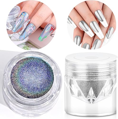 Saviland Juego de polvos de uñas cromados, 2 esmaltes de gel cromados para uñas, efecto espejo metálico, polvo holográfico cromado plateado para