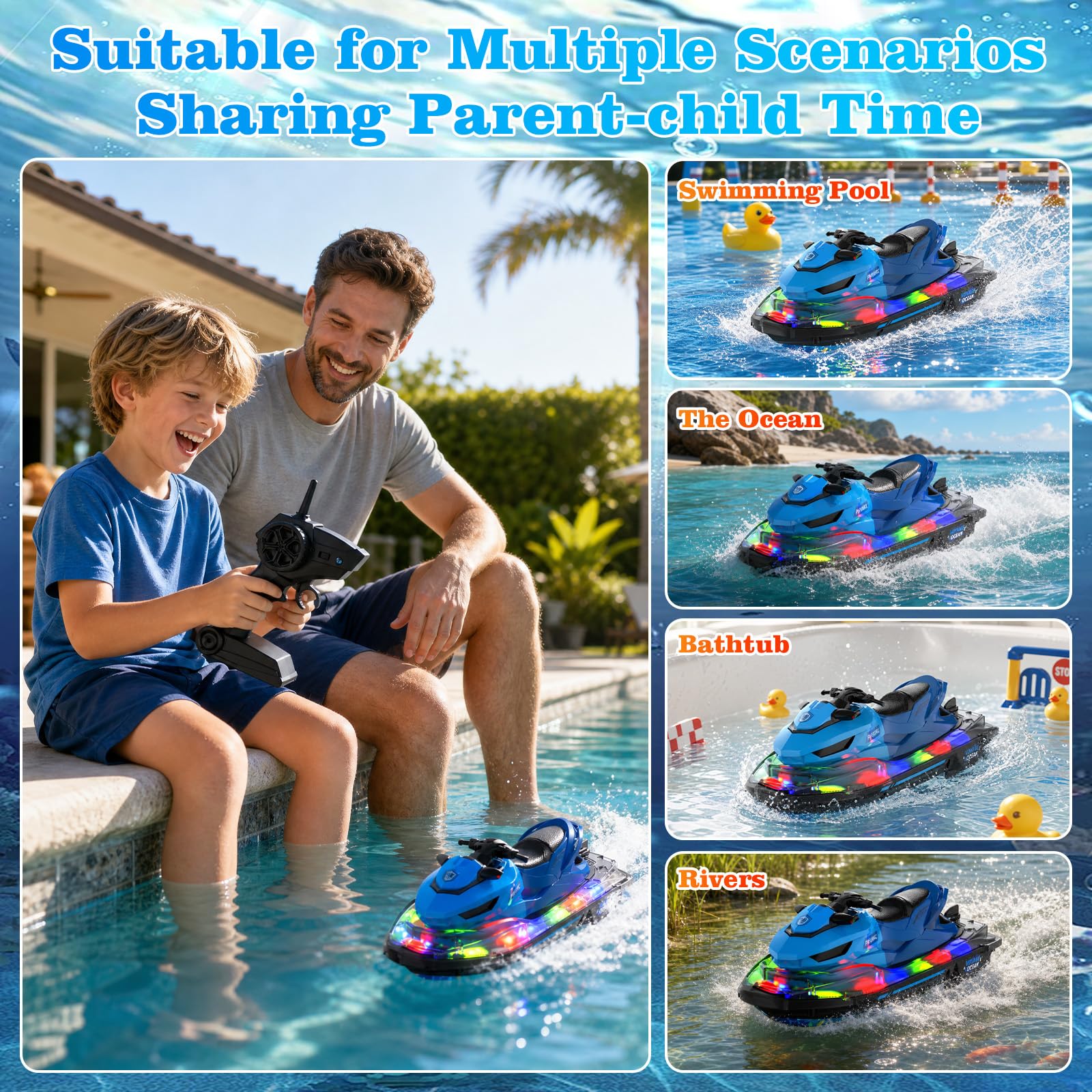 Barco RC, Barco Radiocontrolado Para Adultos Y Niños De 8 A 12 Años, Lancha Motor 2,4 GHz, Arranque Automático Y Luces LED, Aviso Batería Baja, Nave RC Totalmente Impermeable, Juguete De Verano