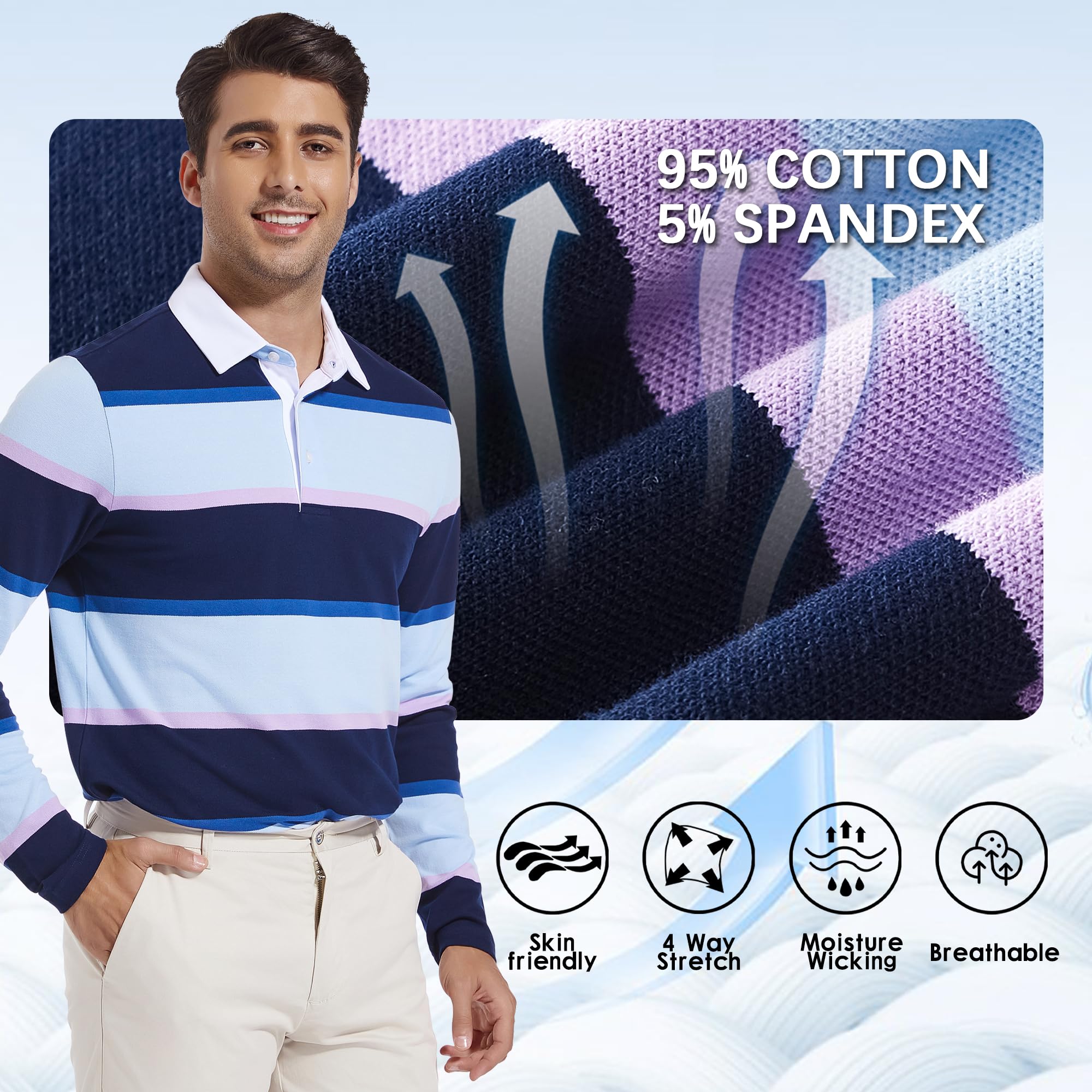 Herren-Polo-Shirt, langärmelig, gestreift, trockene Passform, lässiger Kragen, Piqué-Golf-Poloshirts für Herren