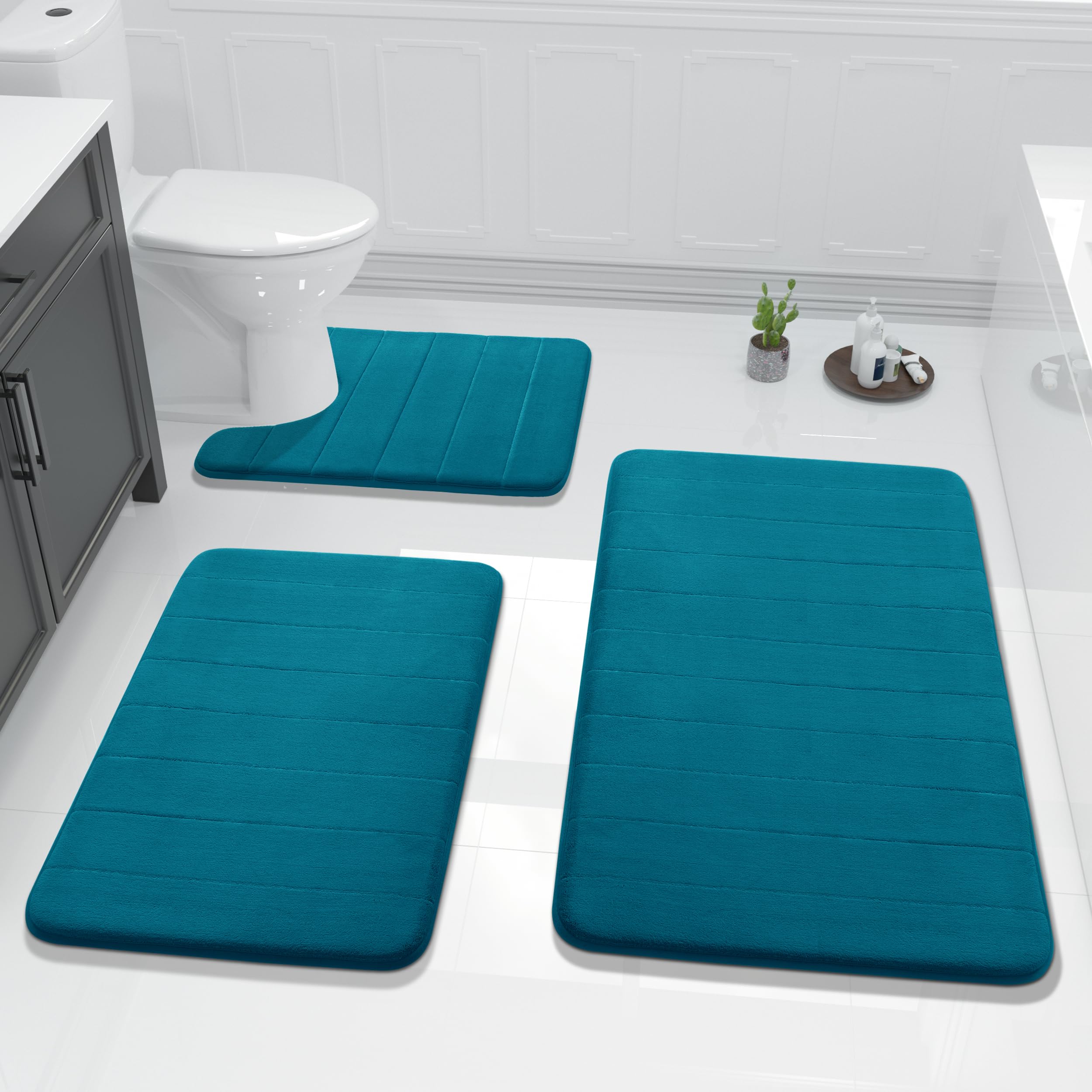 Yimobra 3 Pieces Memory Foam Bath Mat Set with U-Shaped Toilet Rug - Non Slip Super Soft Absorbent Quick Dry Bathroom Rugs for Bathtub, Vanity &