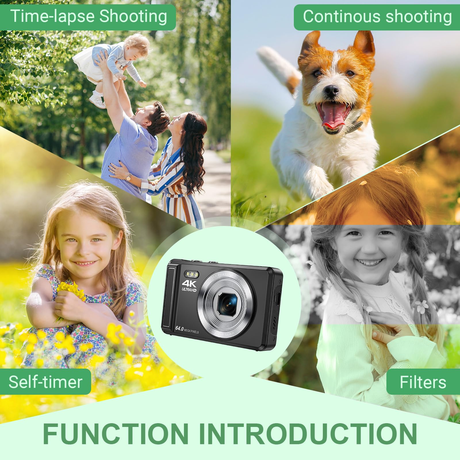 Fotocamera digitale 4K 64 MP con scheda micro SD, messa a fuoco automatica, zoom digitale 16x, fotocamera compatta portatile con batteria da 1200 mAh, cavo USB, per adolescenti, adulti e principianti