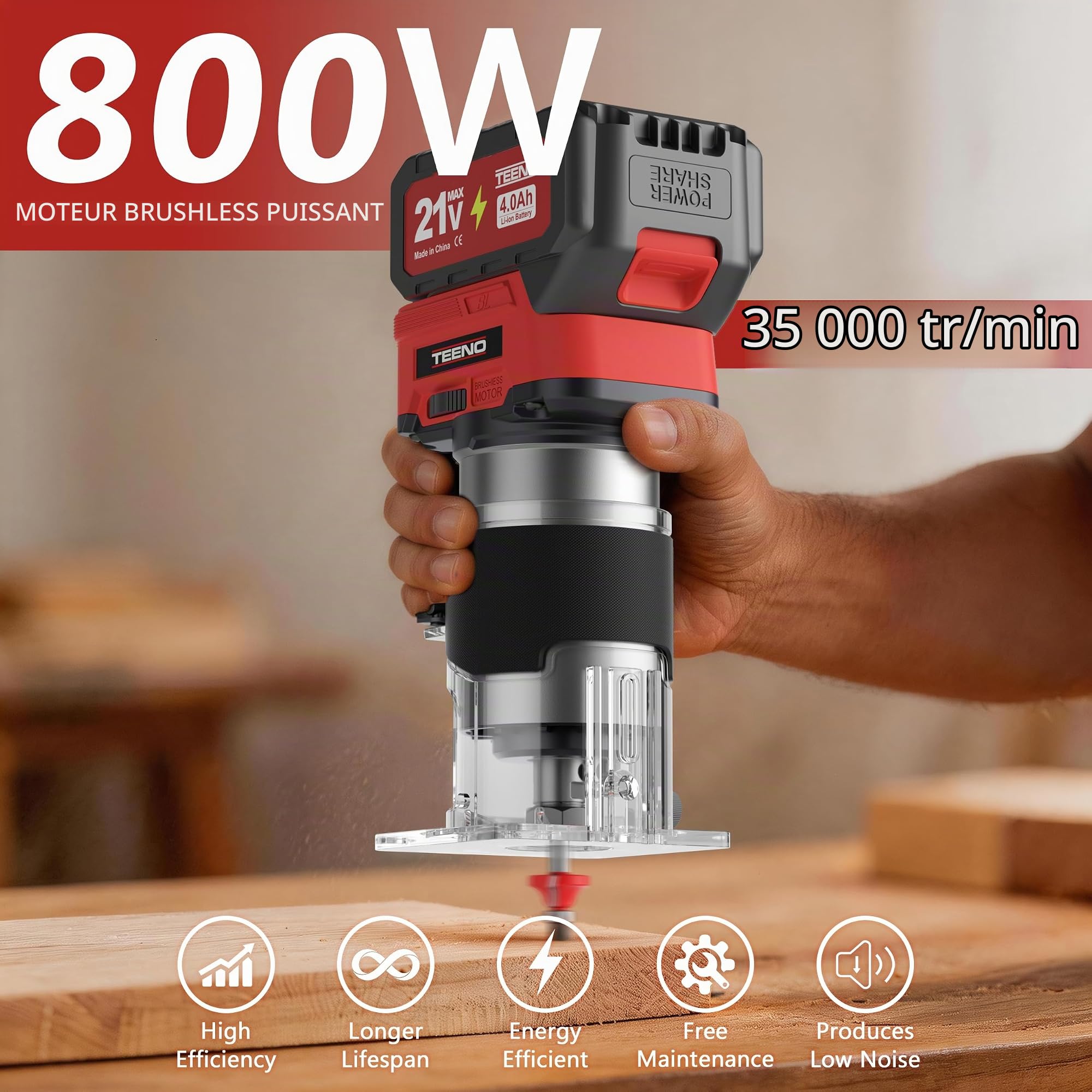 Rabot à bois sans fil 20V, mini défonceuse portable avec 2 batteries de 4,0 Ah et moteur sans balais, 6 vitesses variables jusqu'à 35,000 tr/min, livré avec guide de bord, guide à rouleau