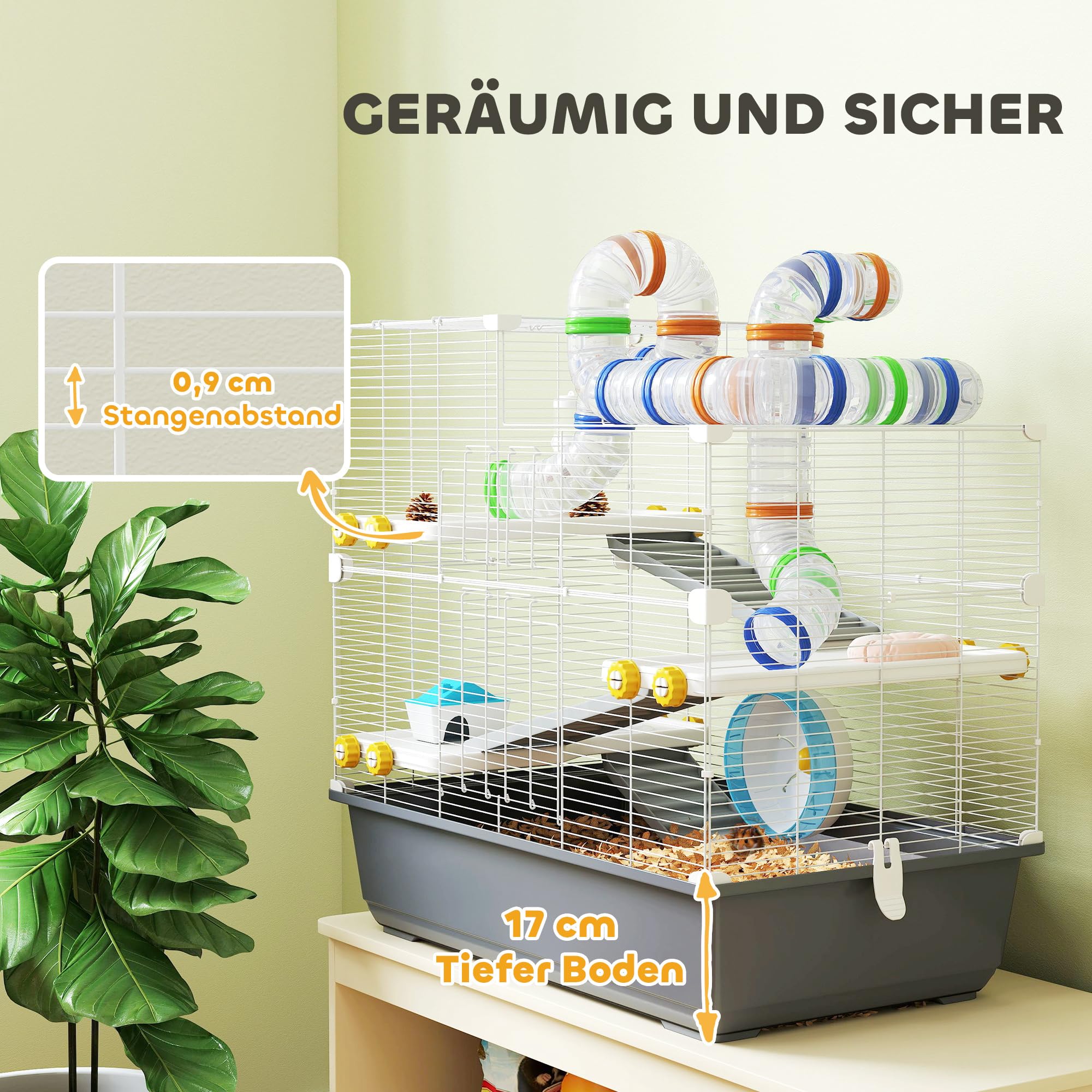 PawHut Hamsterkäfig 4 Etagen Nagerkäfig Kleintierkäfig mit Laufrad Futternapf Tunnel Hütte Obertür, Kleintierstall Käfig für Hamster Syrischer Hamster 78 x 45 x 73 cm, Grau