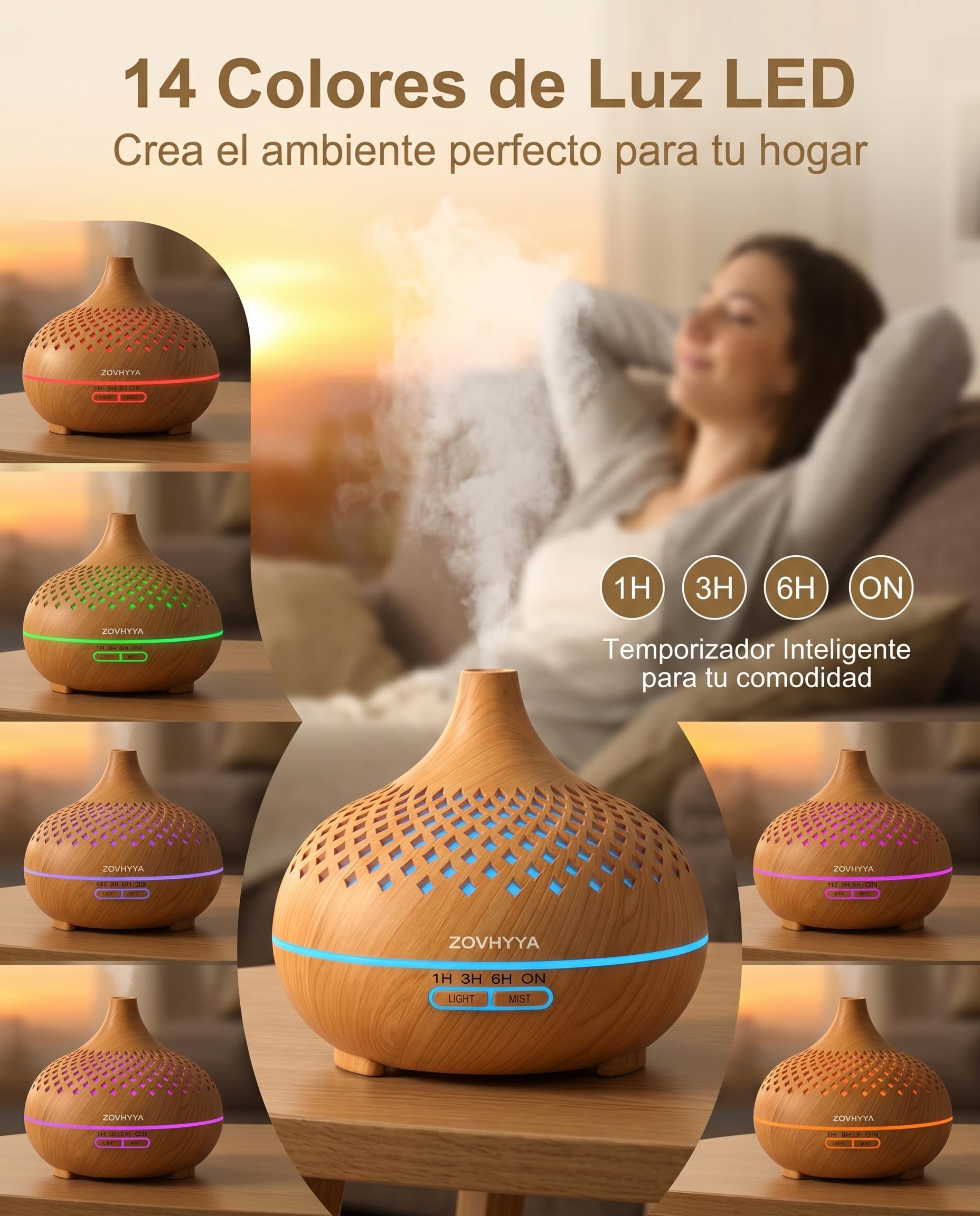 Difusor de Aroma 500ML Humidificador con 14 Luces LED Control Remoto 4 Temporizadores y 2 Modos de Pulverización para Hogar Dormitorio y Oficina