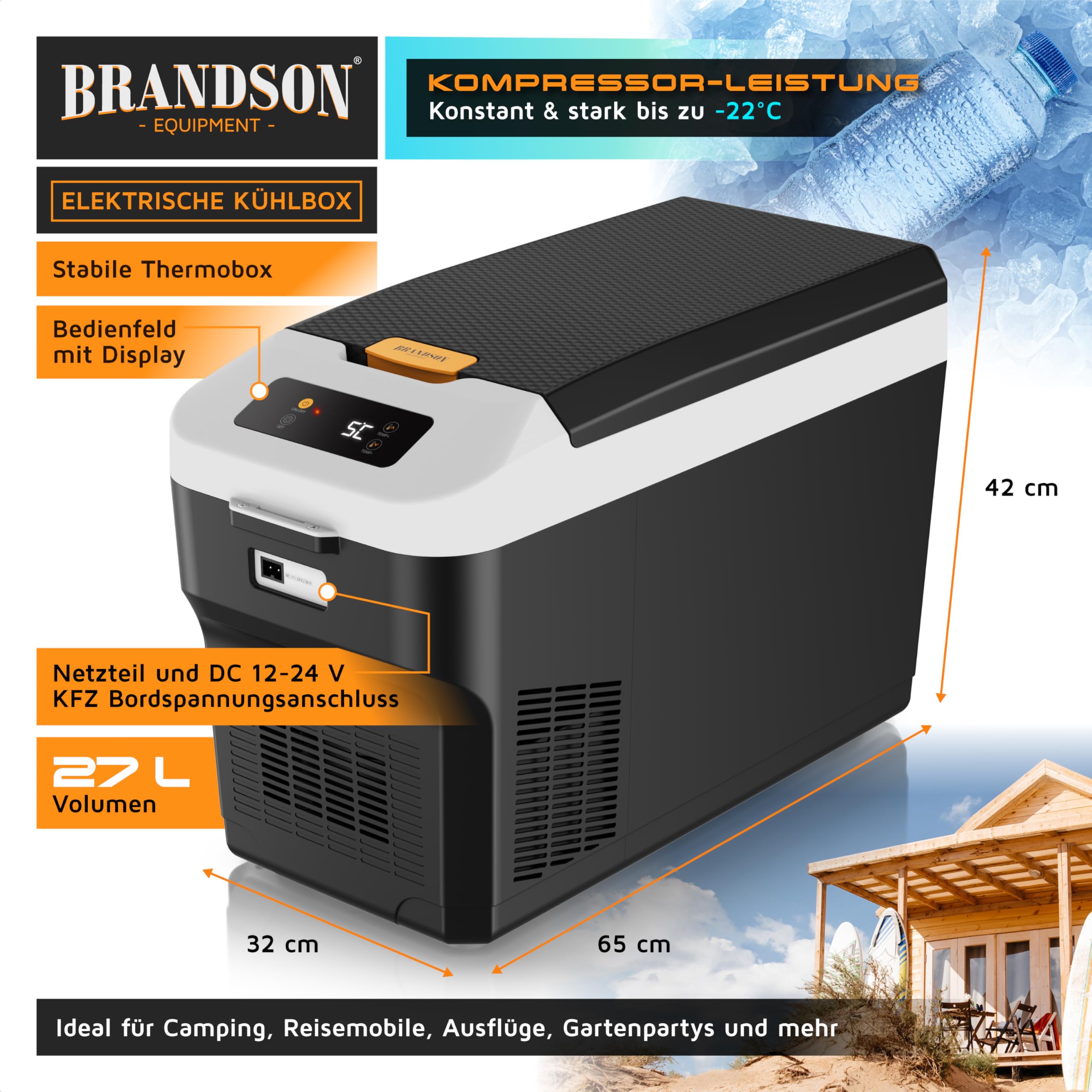 Brandson - Kühlbox elektrisch mit Kompressor - XXL 27 Liter – 12v 230v - zwei Fächer – starke Kühlleistung – zwei Betriebsmodi – Gefrierbox Gefriertruhe mit ECO-Modus – für LKW Auto Camping Boot